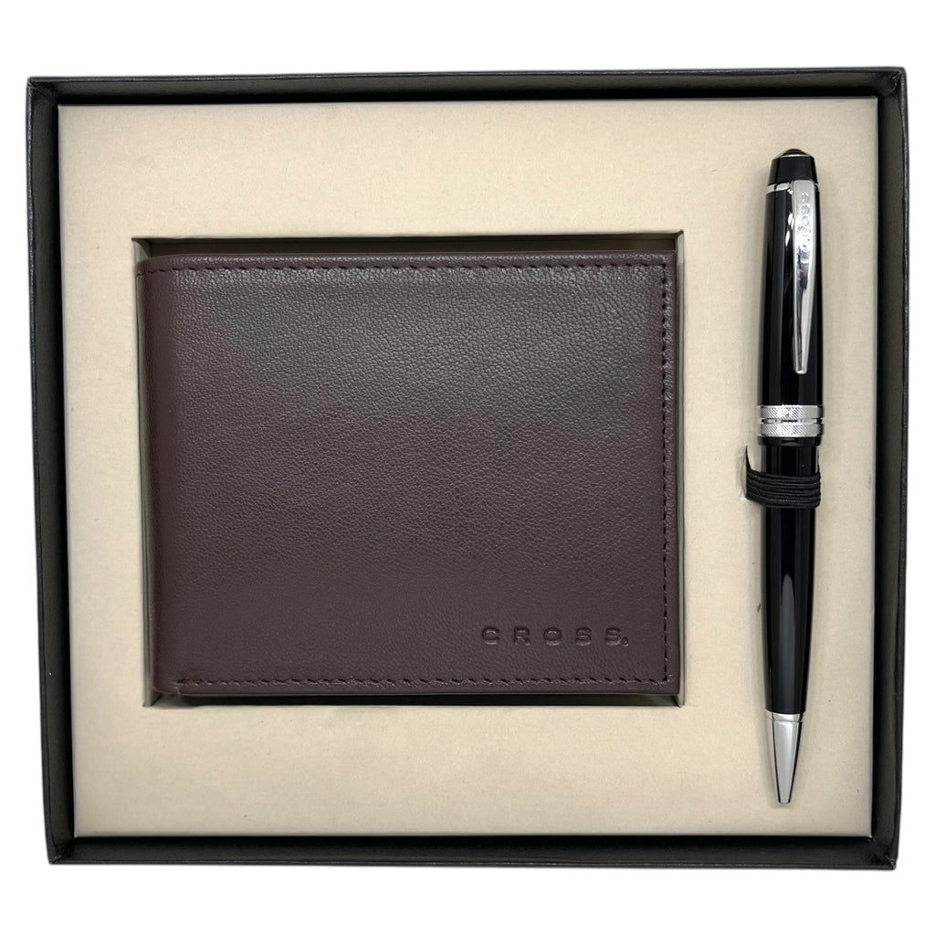Cross Bailey Light Black CT Ballpoint Pen + Leather Card Wallet Brown Gift Set AT0742-1
