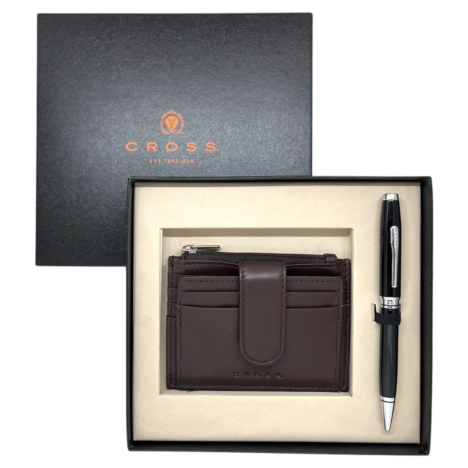 Cross Coventry Black CT Ballpoint Pen + Leather Card Holder Brown Gift Set AT0662-6