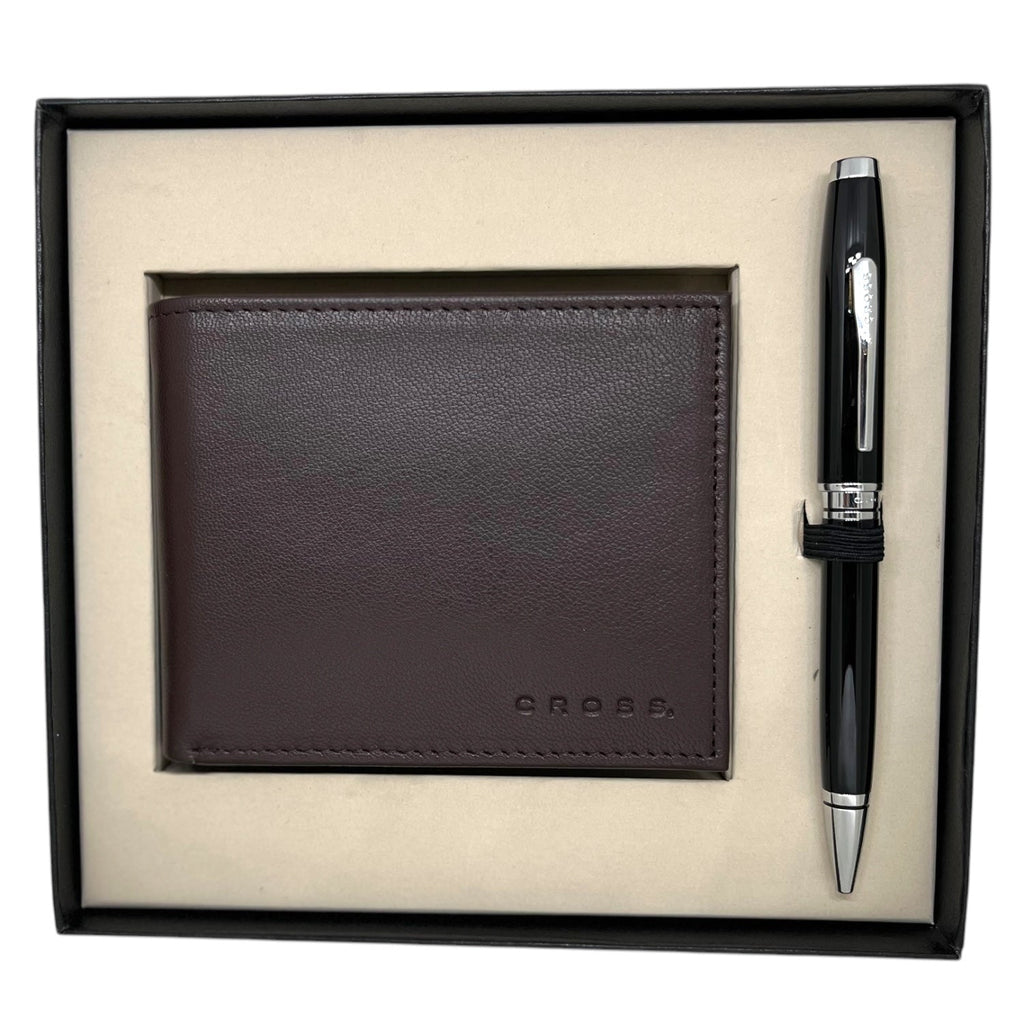 Cross Coventry Black CT Ballpoint Pen + Leather Card Wallet Brown Gift Set AT0662-6