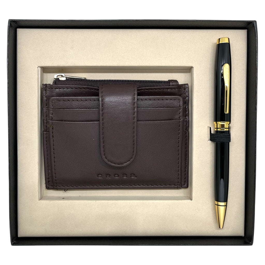 Cross Coventry Black GT Ballpoint Pen + Leather Card Holder Brown Gift Set AT0662-11