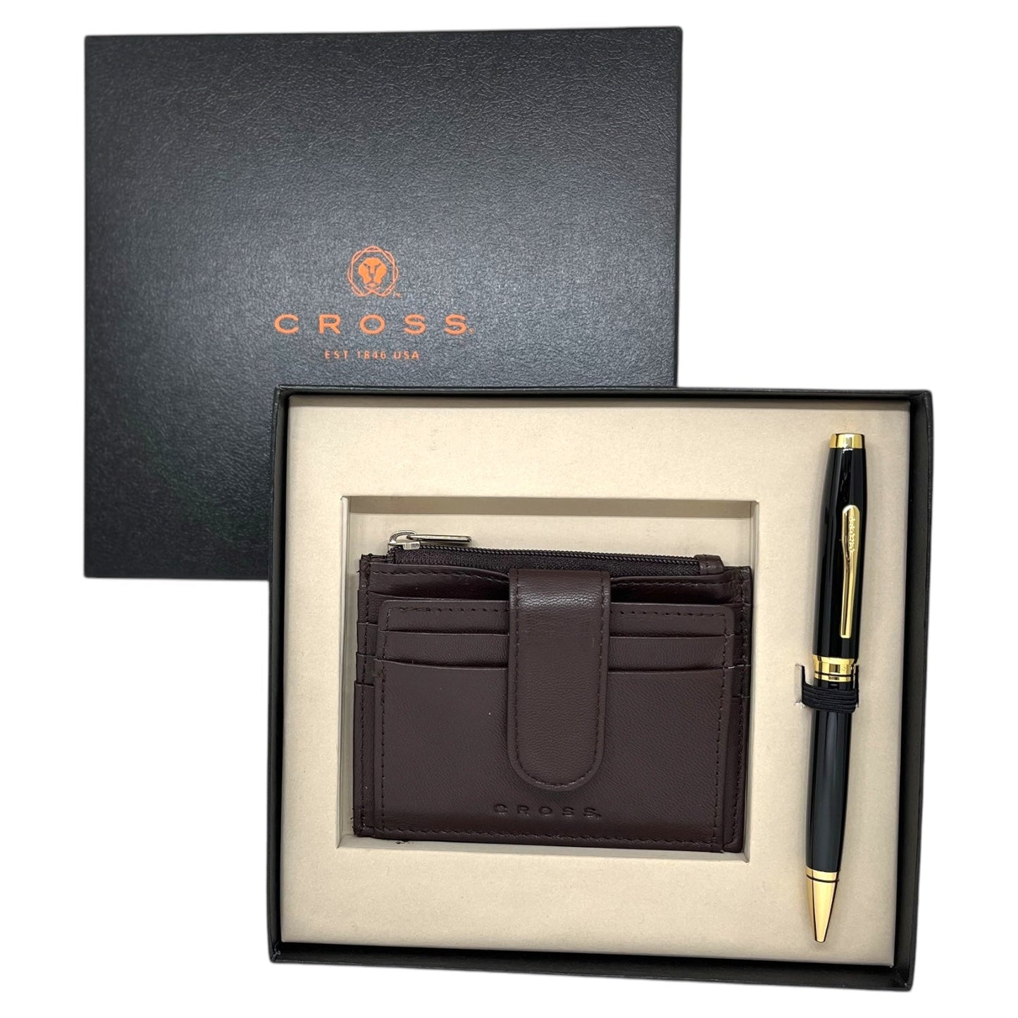 Cross Coventry Black GT Ballpoint Pen + Leather Card Holder Brown Gift Set AT0662-11