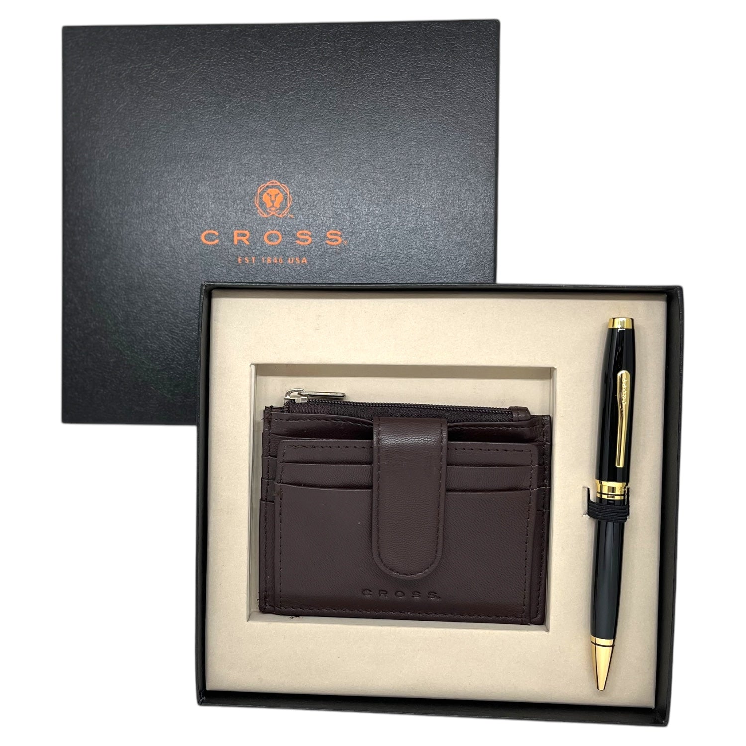 Cross Coventry Black GT Ballpoint Pen + Leather Card Holder Brown Gift Set AT0662-11