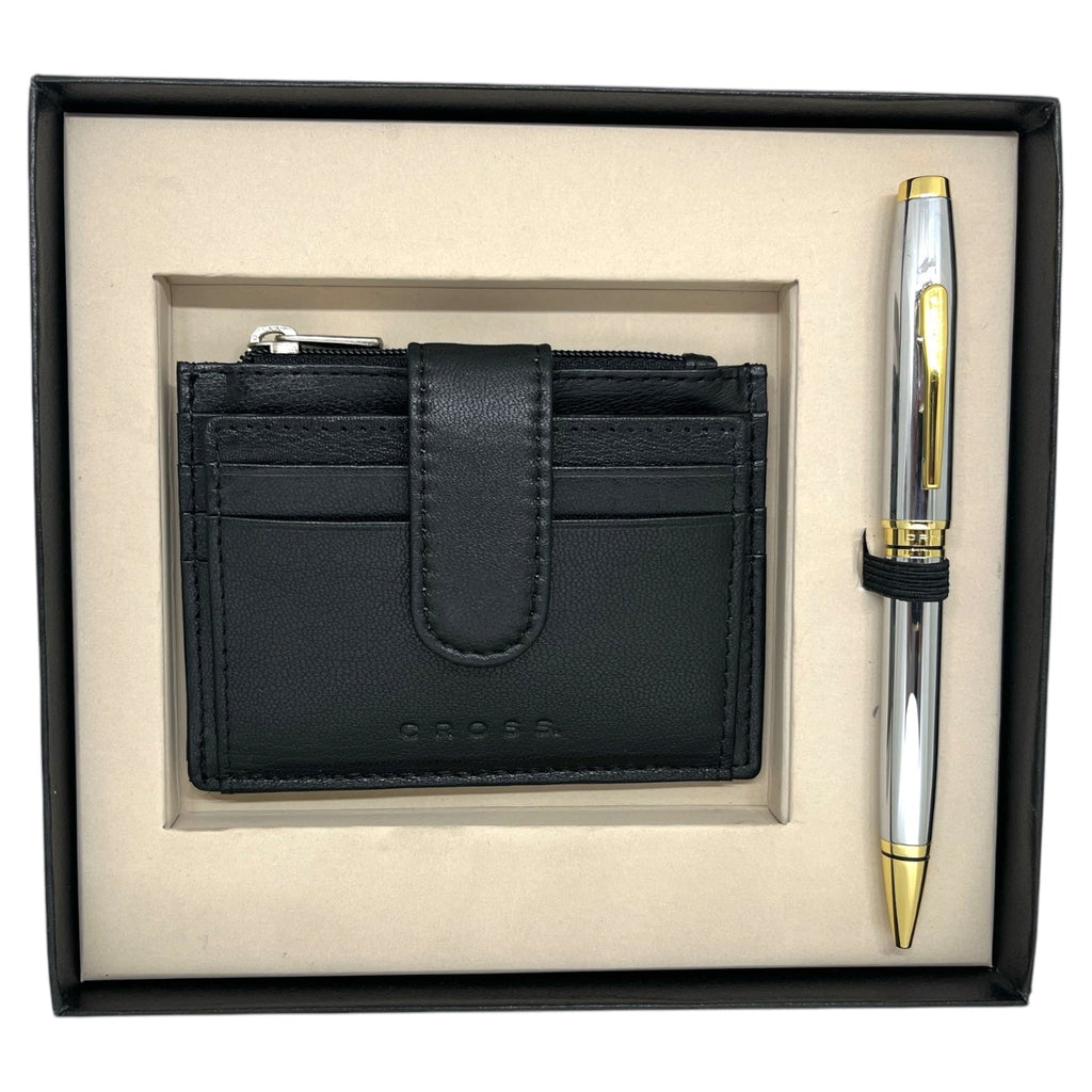 Cross Coventry Chrome GT Ballpoint Pen + Leather Card Holder Black Gift Set AT0662-2