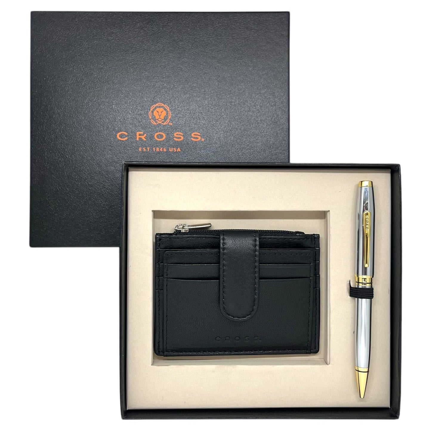 Cross Coventry Chrome GT Ballpoint Pen + Leather Card Holder Black Gift Set AT0662-2