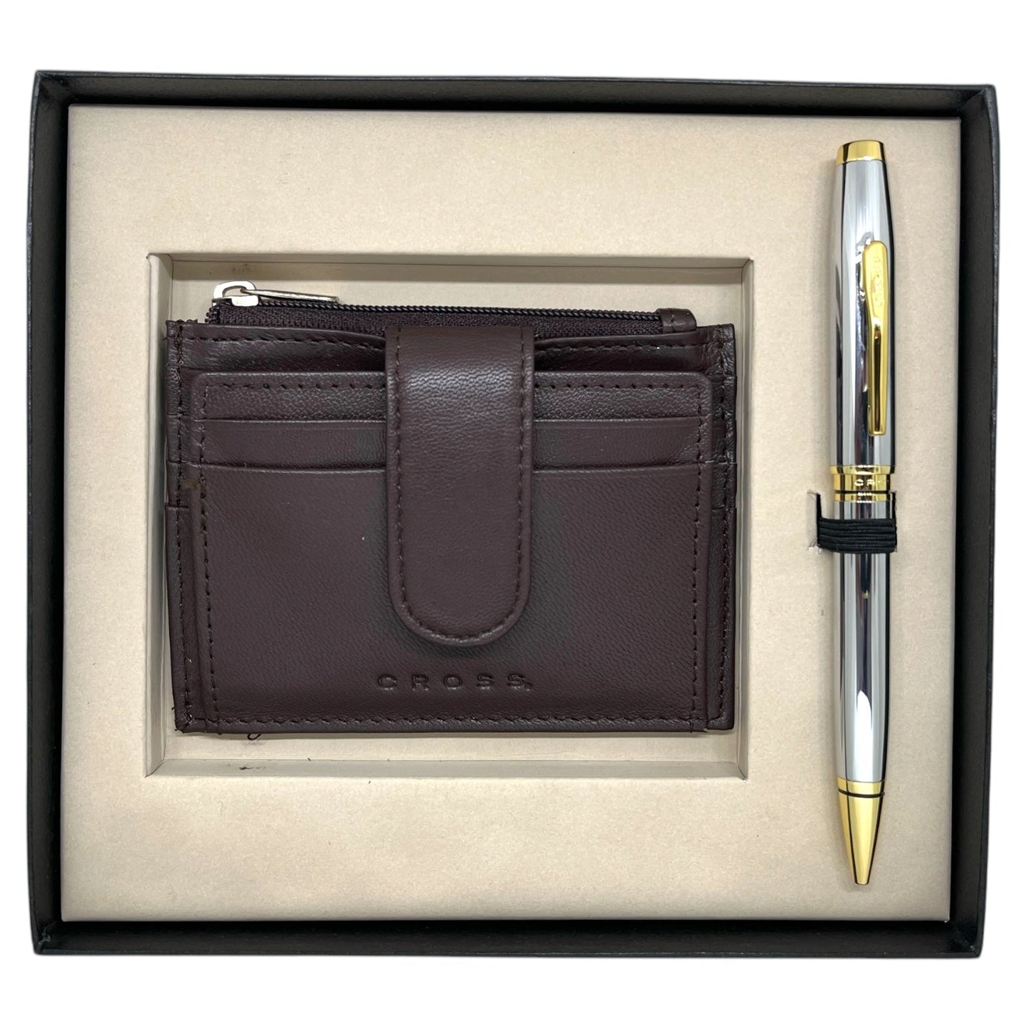 Cross Coventry Chrome GT Ballpoint Pen + Leather Card Holder Brown Gift Set AT0662-2