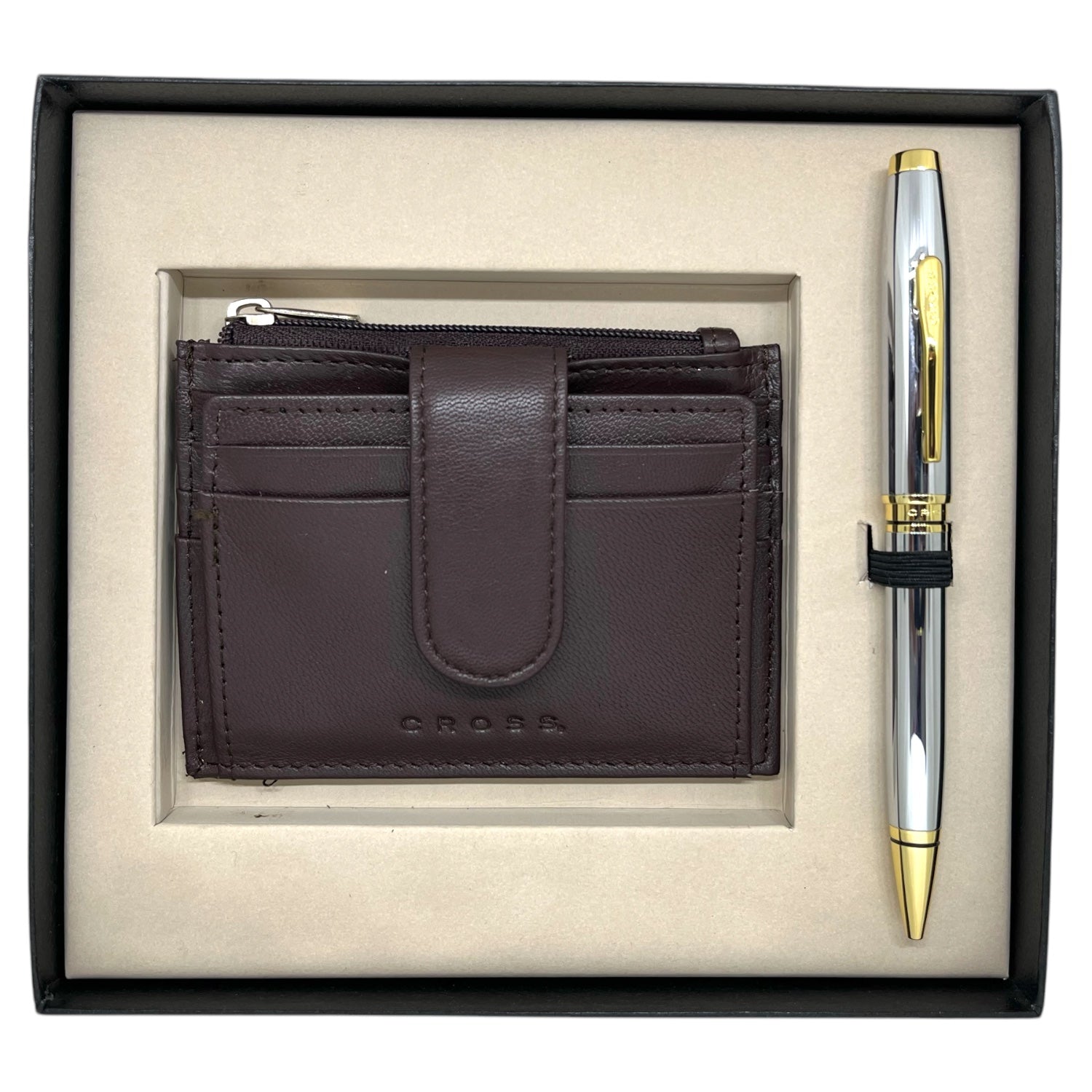 Cross Coventry Chrome GT Ballpoint Pen + Leather Card Holder Brown Gift Set AT0662-2