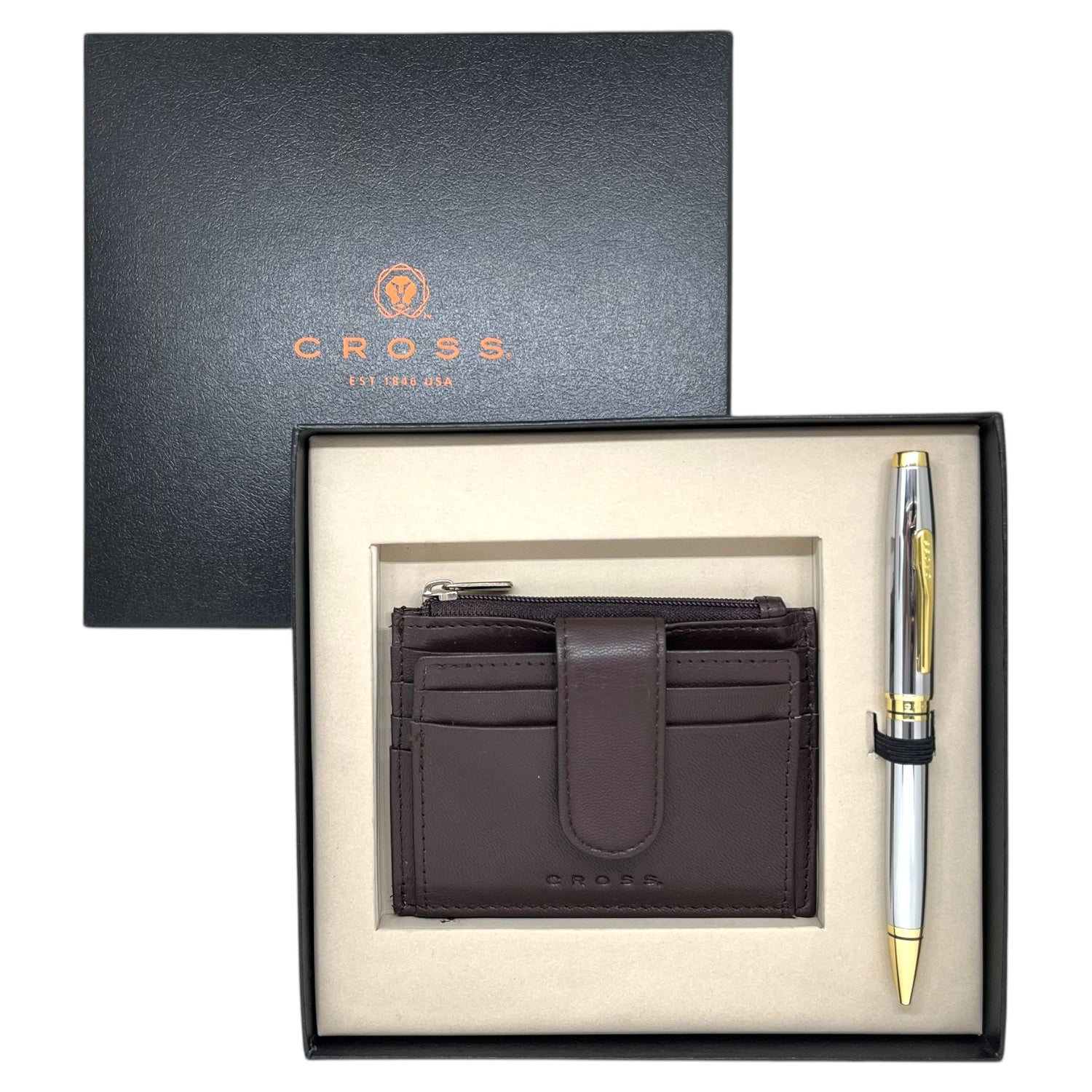 Cross Coventry Chrome GT Ballpoint Pen + Leather Card Holder Brown Gift Set AT0662-2