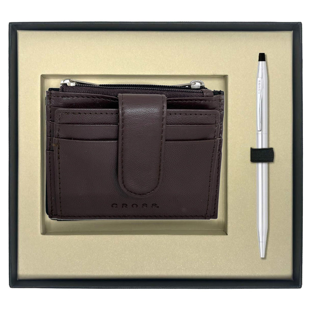 Cross Classic Century Chrome CT Ballpoint Pen + Leather Card Holder Brown Gift Set 3502