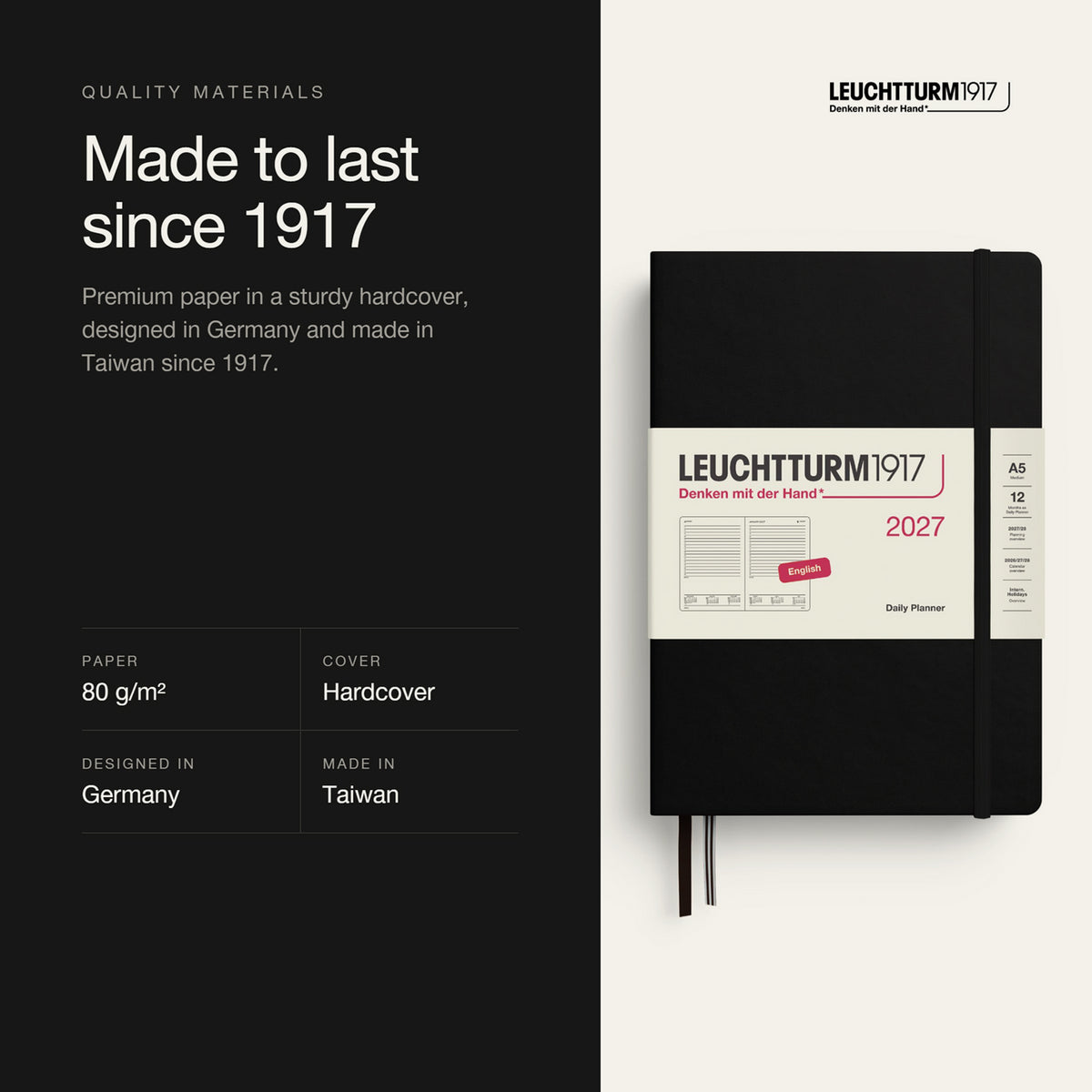 Leuchtturm1917 2027 Black Hardcover Daily Planner (A5 - Lined) 400324