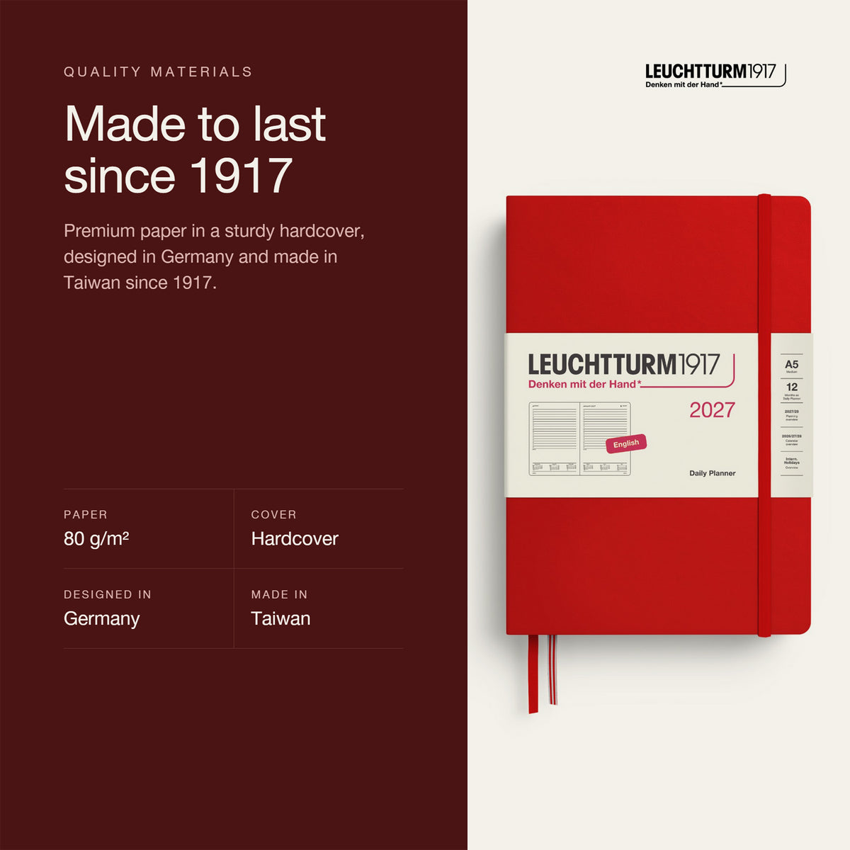 Leuchtturm1917 2027 Cherry Hardcover Daily Planner (A5 - Lined) 400326