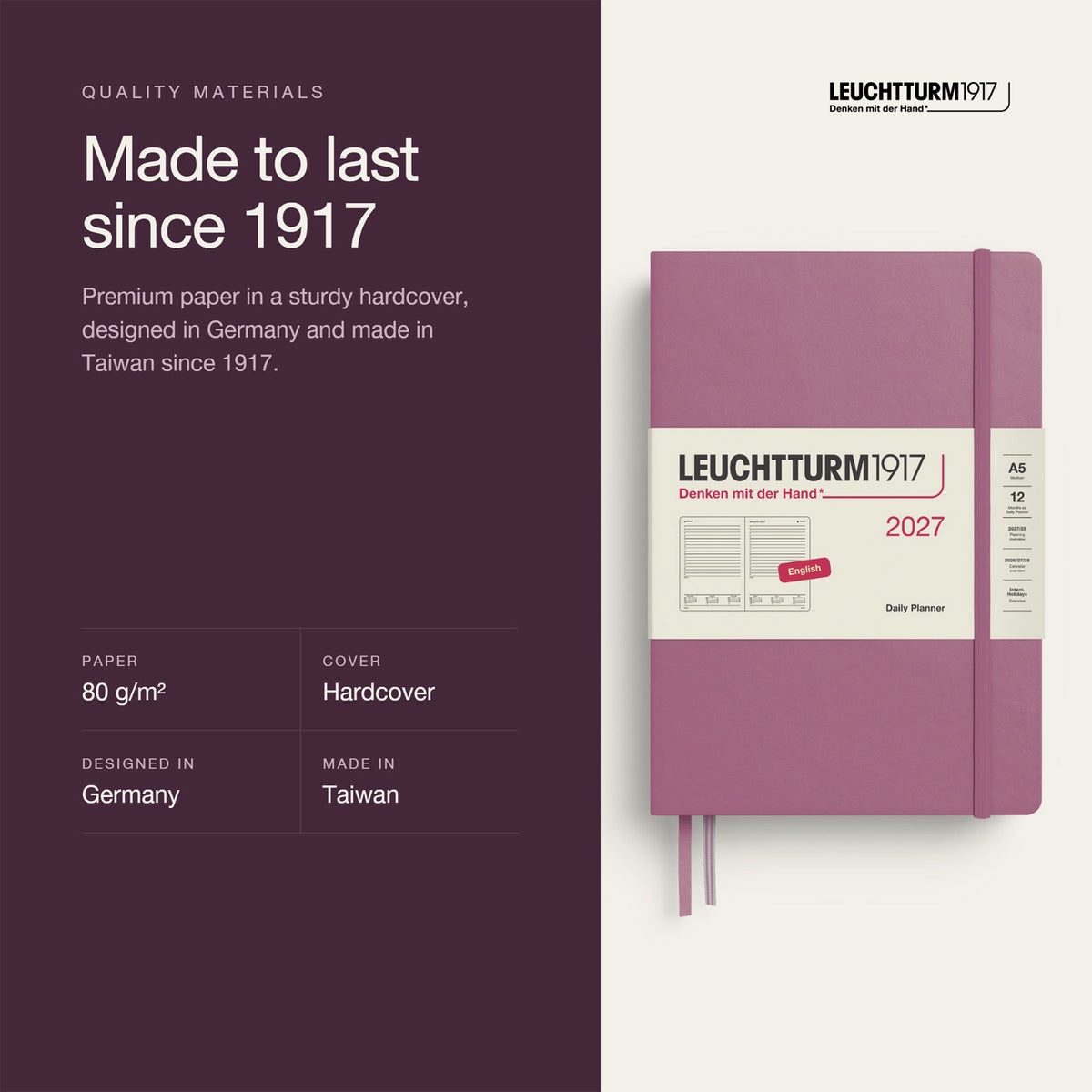 Leuchtturm1917 2027 Dusty Rose Hardcover Daily Planner (A5 - Lined) 400325