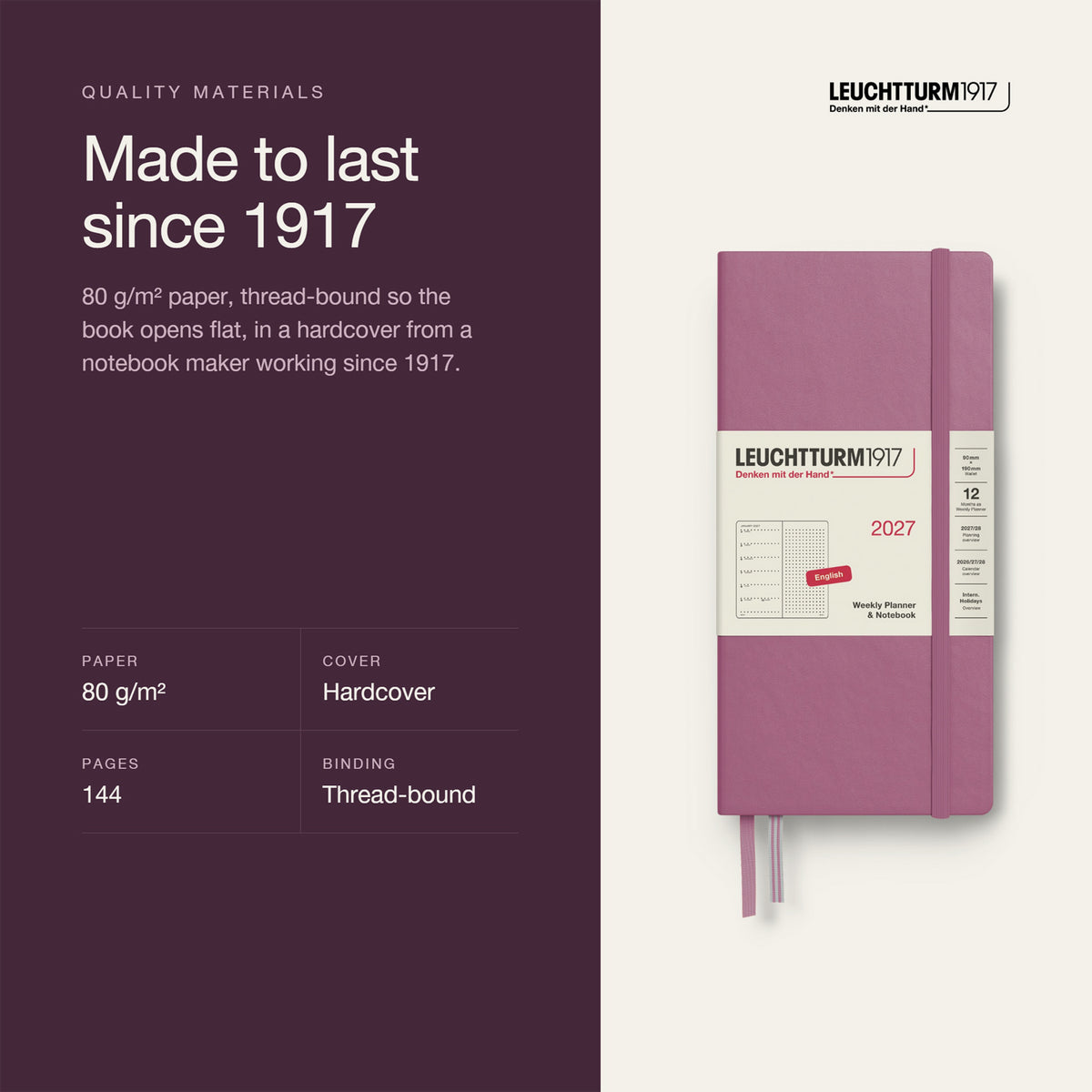 Leuchtturm1917 2027 Dusty Rose Hardcover Weekly Planner (90X190MM - Dotted) 400265