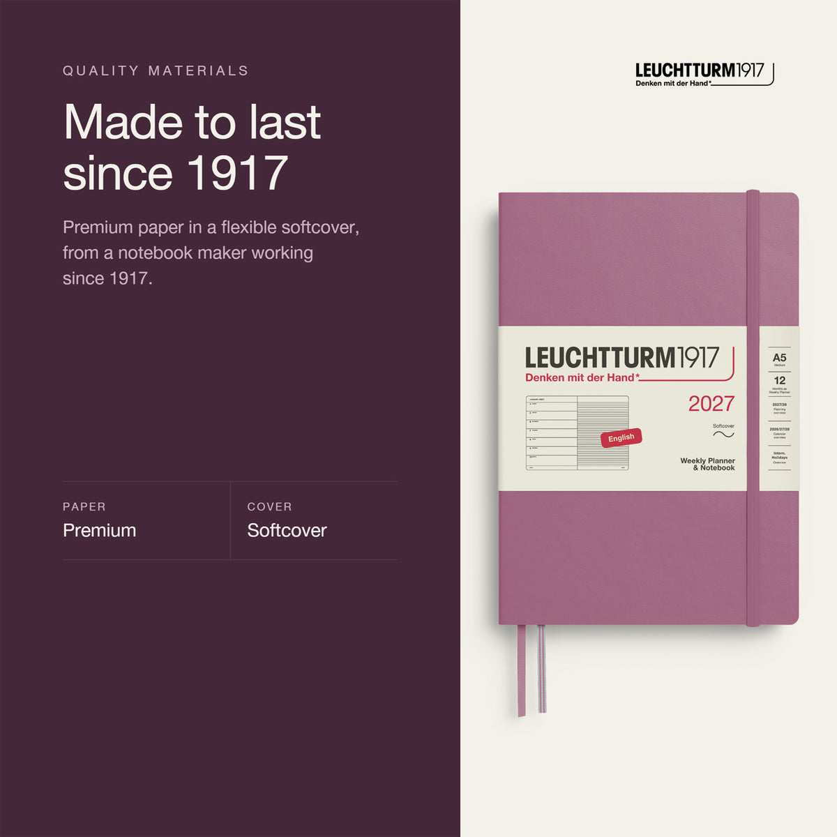 Leuchtturm1917 2027 Dusty Rose Softcover Weekly Planner (A5 - Lined) 400233