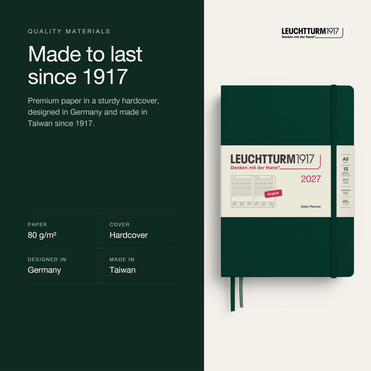Leuchtturm1917 2027 Forest Green Hardcover Daily Planner (A5 - Lined) 400329