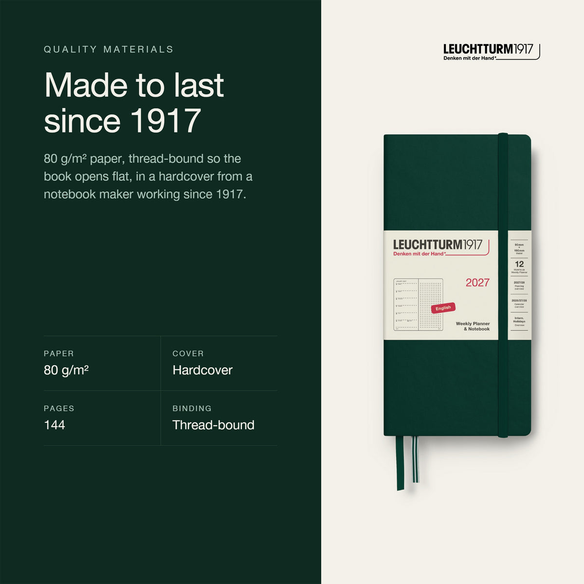 Leuchtturm1917 2027 Forest Green Hardcover Weekly Planner (90X190MM - Dotted) 400267