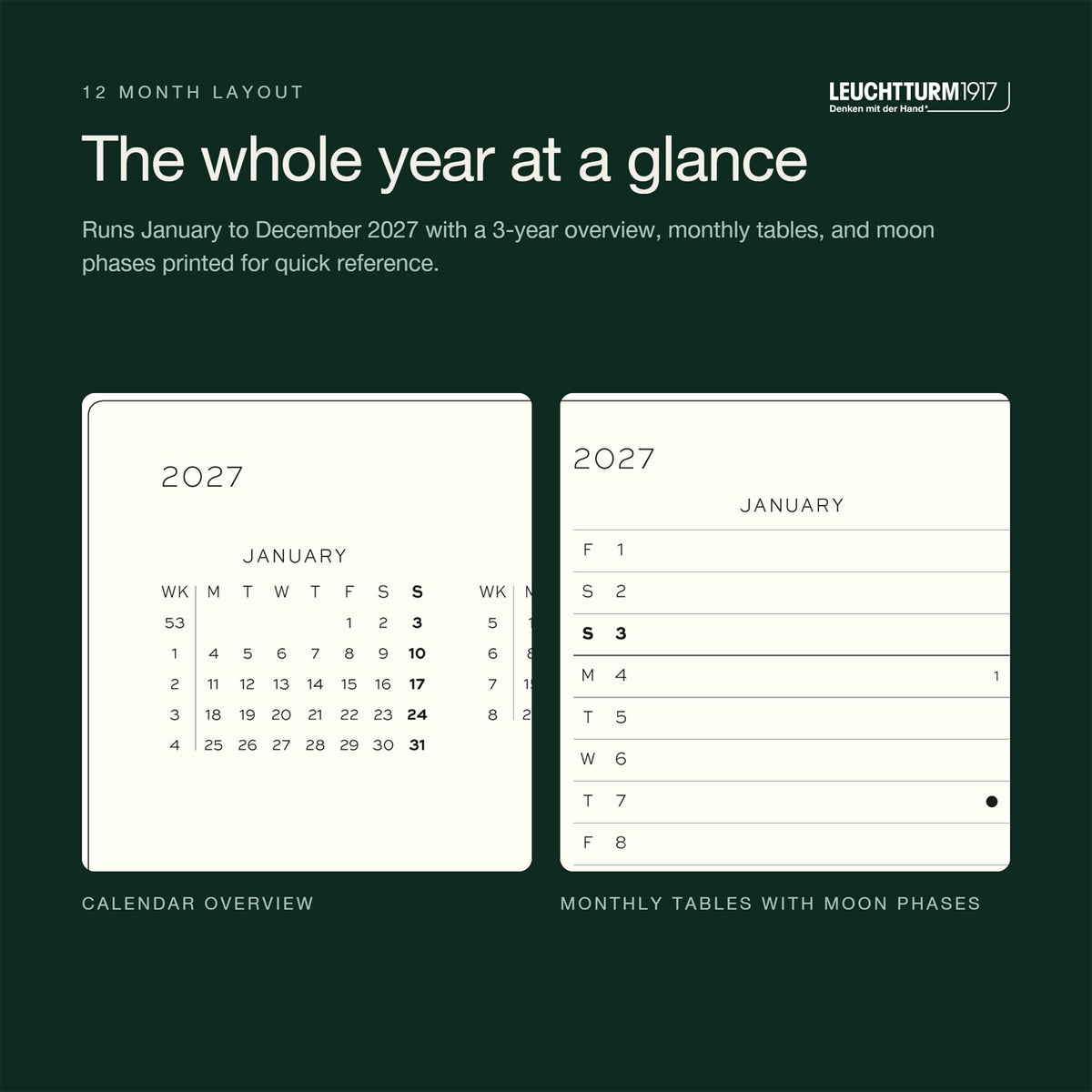 Leuchtturm1917 2027 Forest Green Hardcover Weekly Planner (90X190MM - Dotted) 400267
