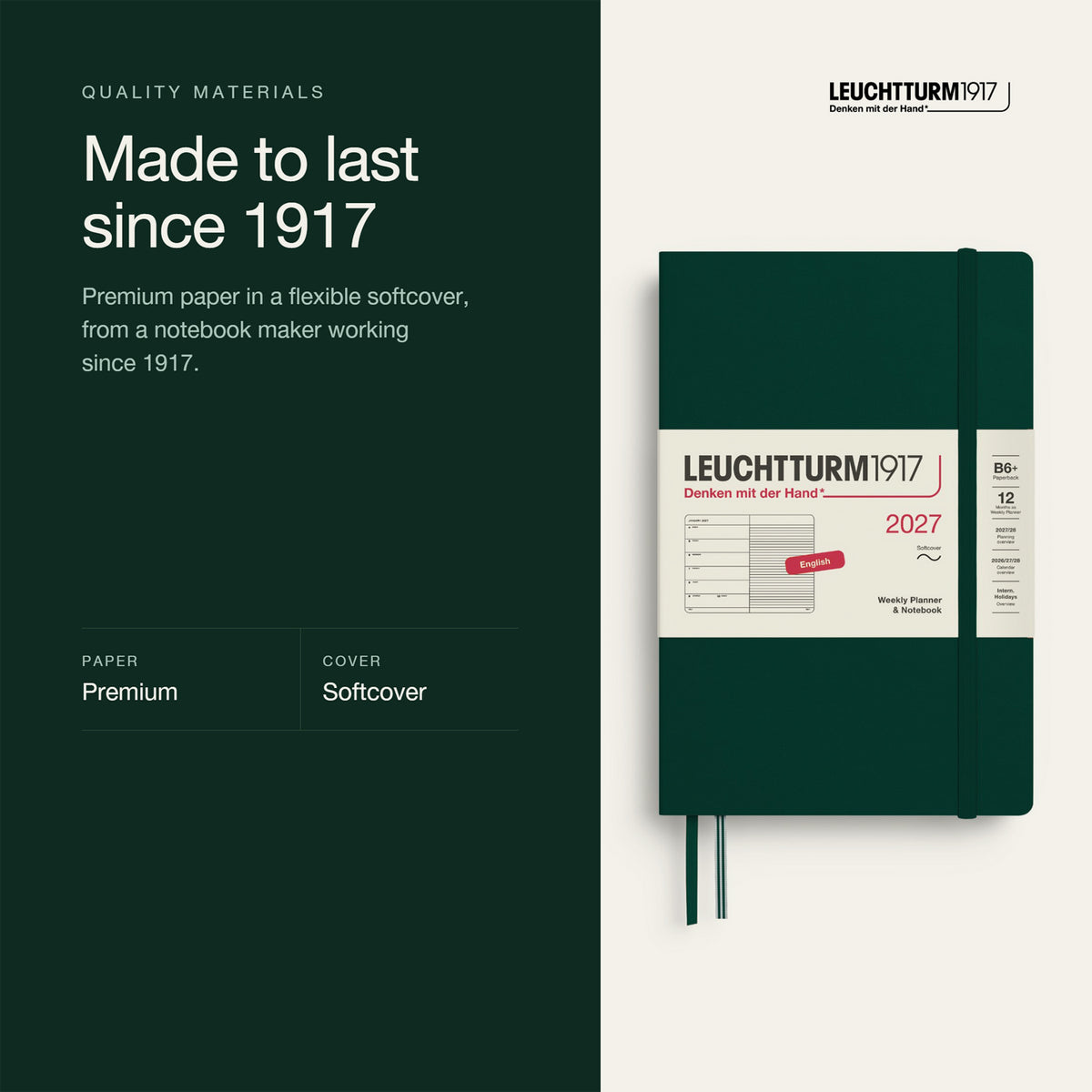 Leuchtturm1917 2027 Forest Green Softcover Weekly Planner (B6+ - Lined) 400248