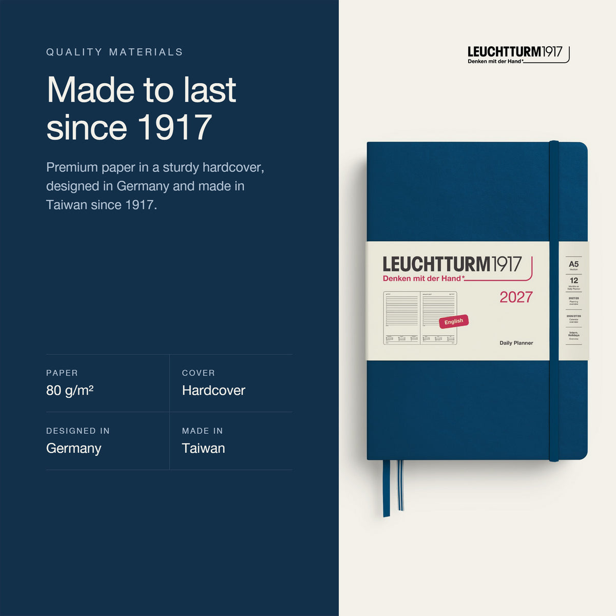 Leuchtturm1917 2027 Indigo Hardcover Daily Planner (A5 - Lined) 400330