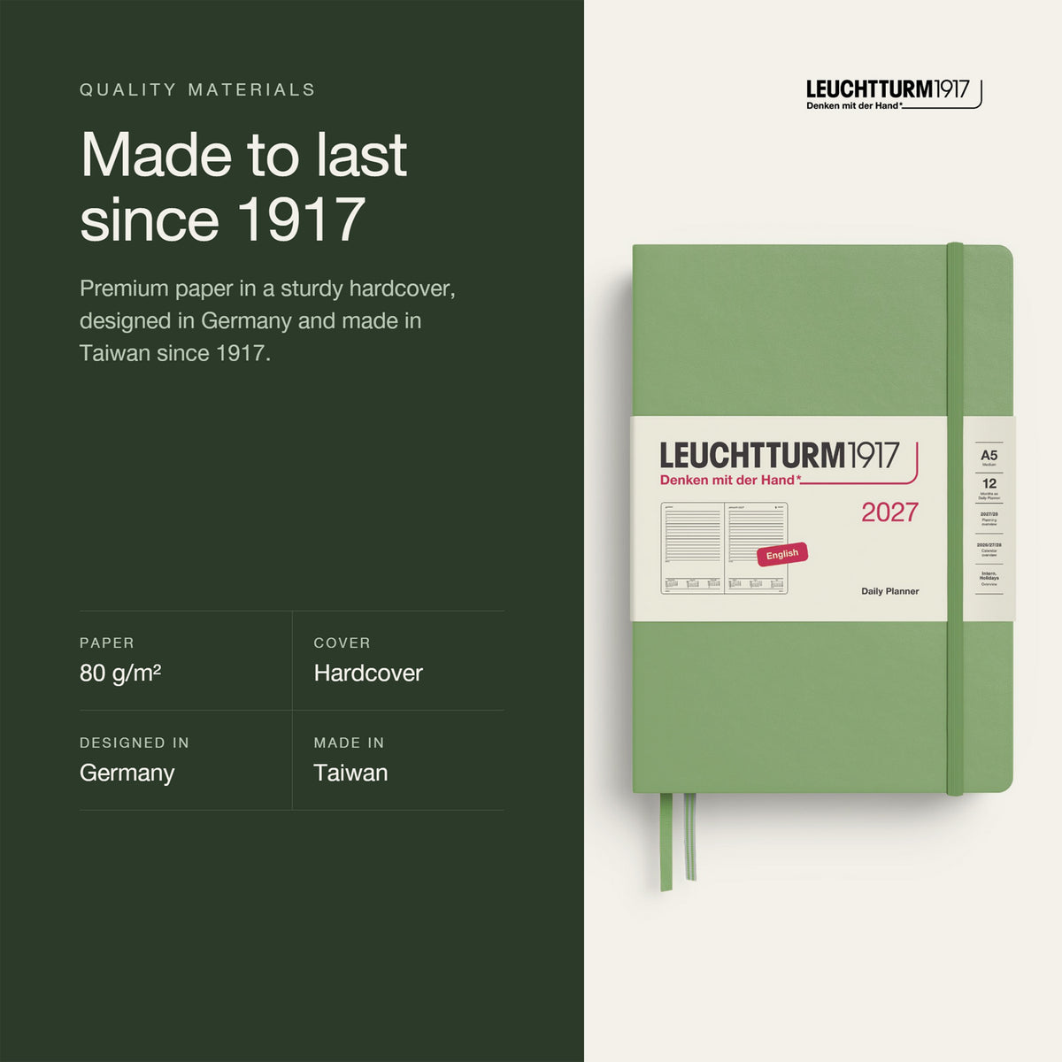 Leuchtturm1917 2027 Sage Hardcover Daily Planner (A5 - Lined) 400328