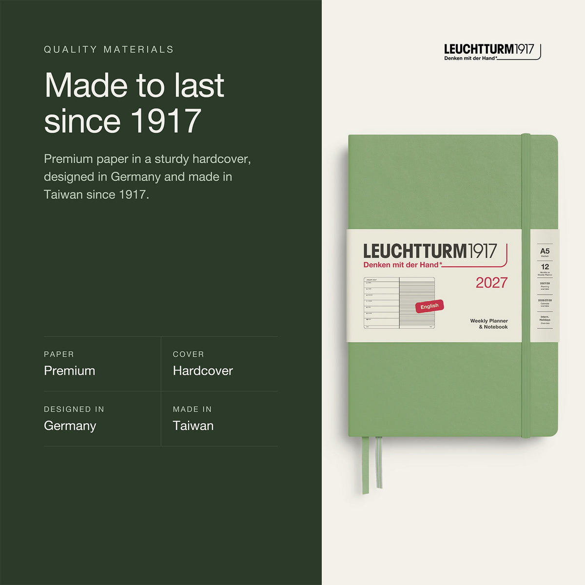 Leuchtturm1917 2027 Sage Hardcover Weekly Planner (A5 - Lined) 400219