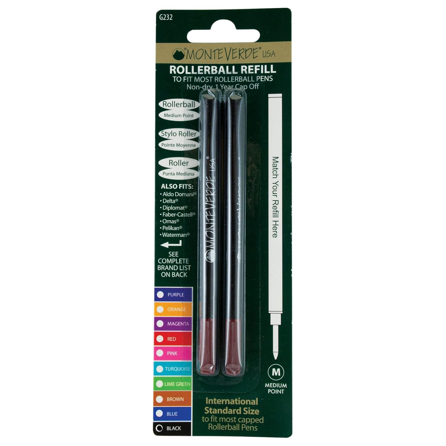 Monteverde Ceramic Roller Ball Pen Refill (Black - Pack of 2)