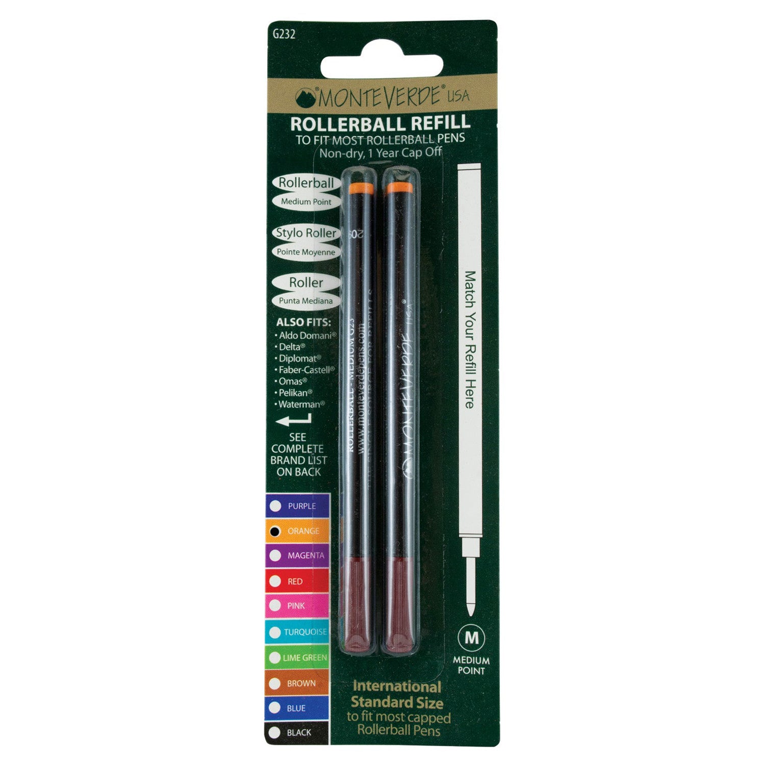 Monteverde Ceramic Roller Ball Pen Refill (Orange - Pack of 2)