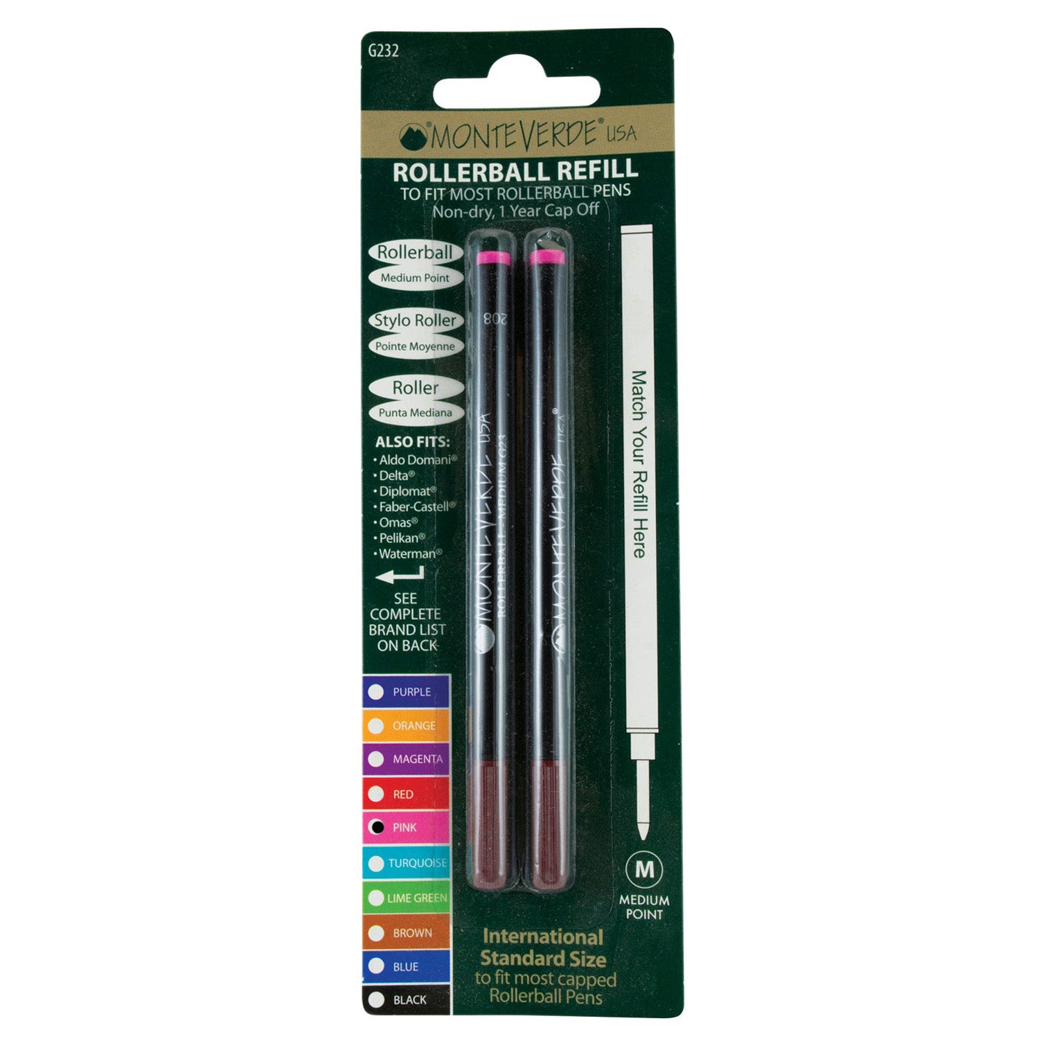 Monteverde Ceramic Roller Ball Pen Refill (Pink - Pack of 2)