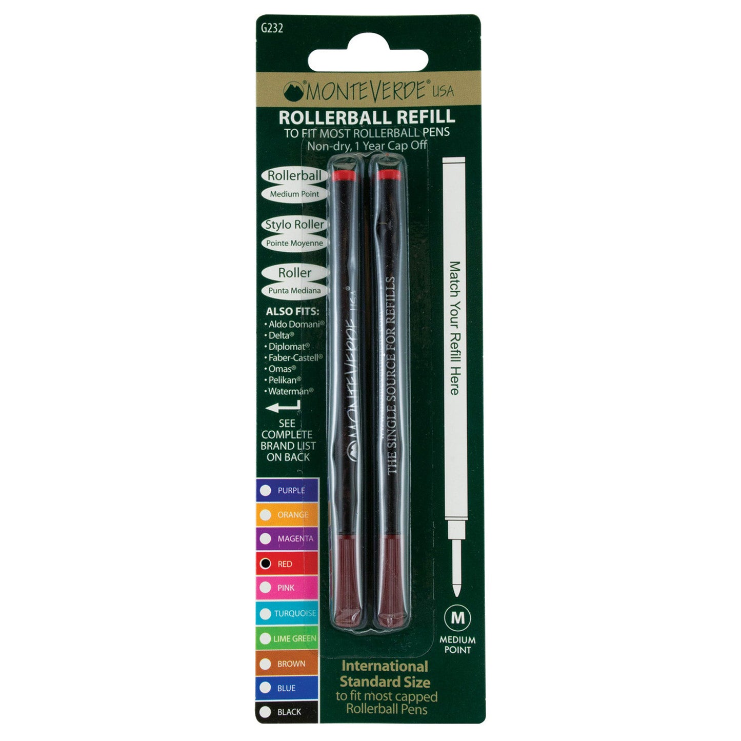 Monteverde Ceramic Roller Ball Pen Refill (Red - Pack of 2)