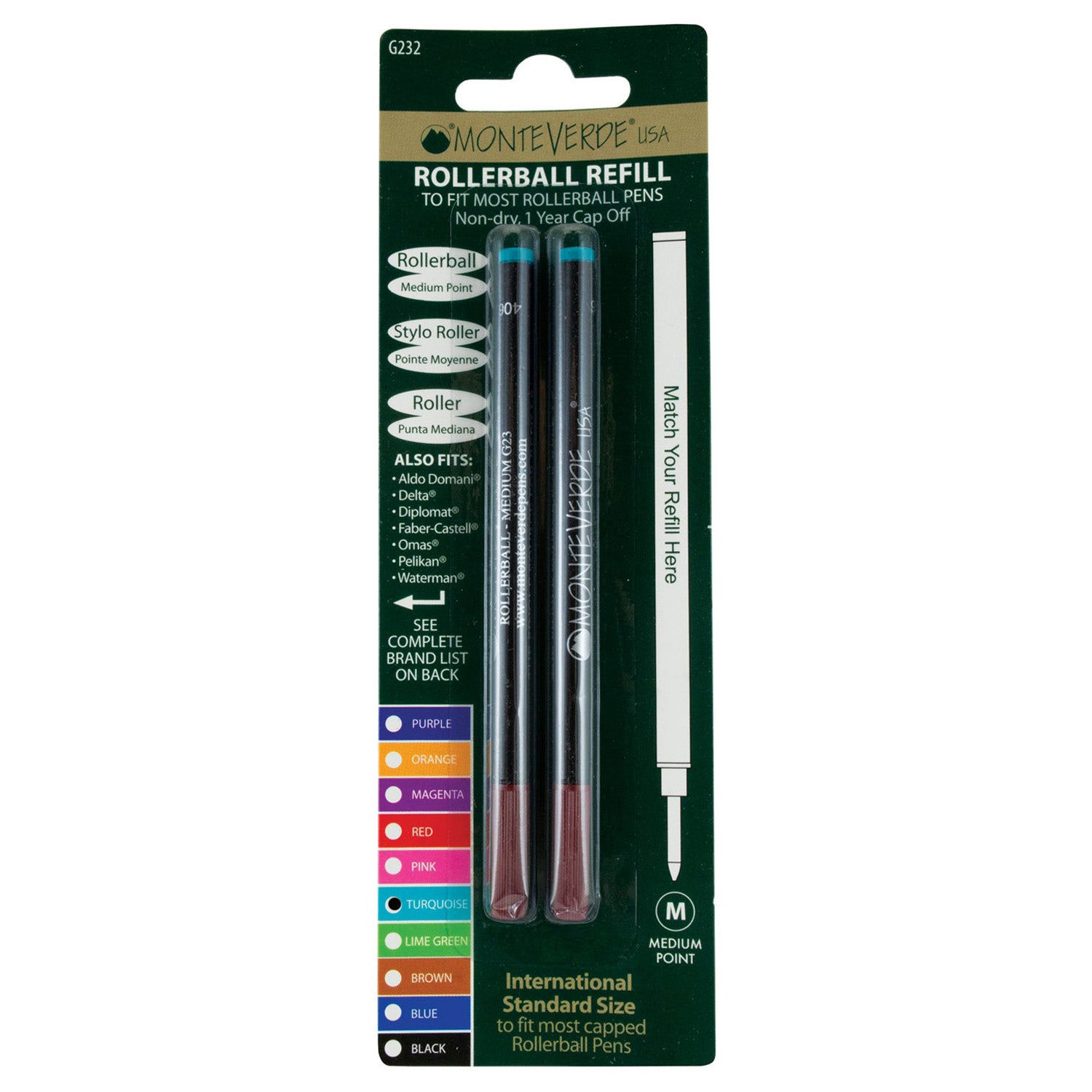Monteverde Ceramic Roller Ball Pen Refill (Turquoise - Pack of 2)