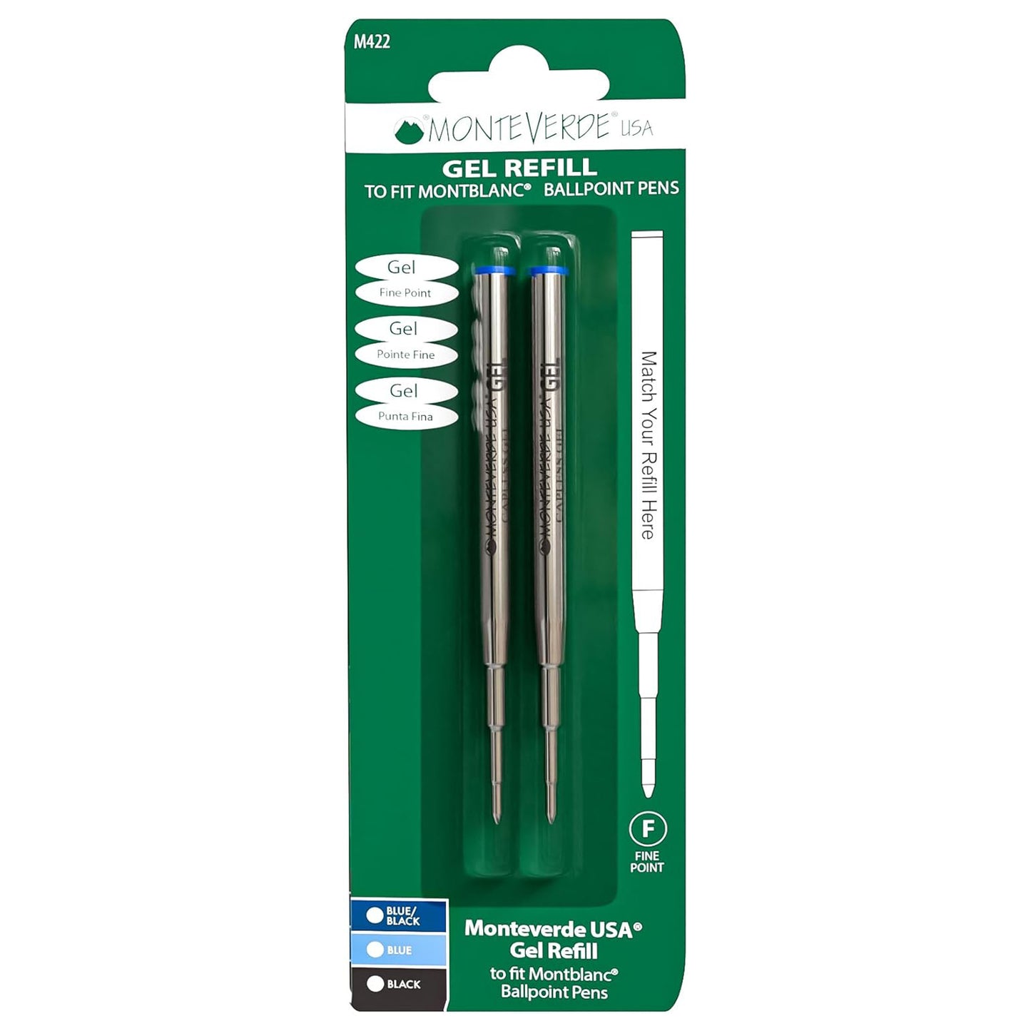 Monteverde Capless Ballpoint Pen Gel Refill (to fit Montblanc - Blue - Pack of 2)