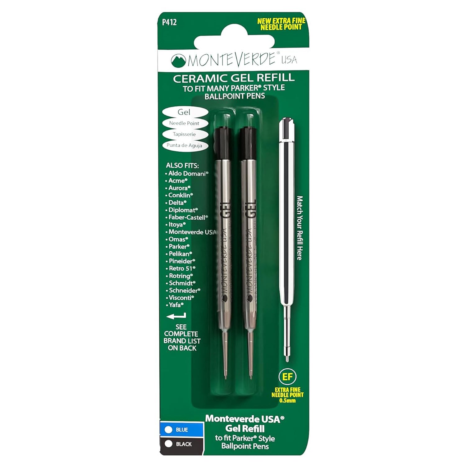 Monteverde Capless Ballpoint Pen Gel Refill (to fit Parker - Black - Pack of 2)