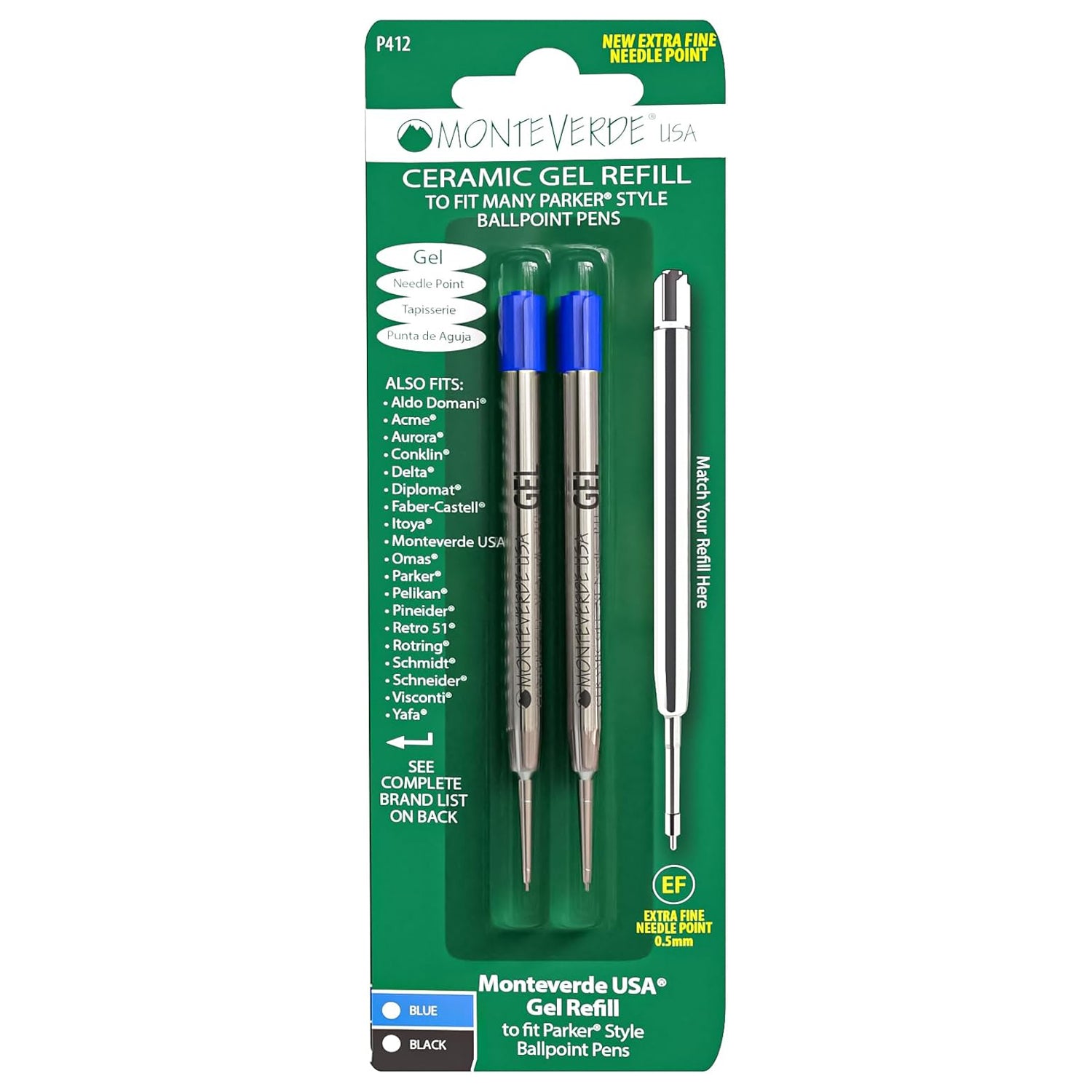 Monteverde Capless Ballpoint Pen Gel Refill (to fit Parker - Blue - Pack of 2)