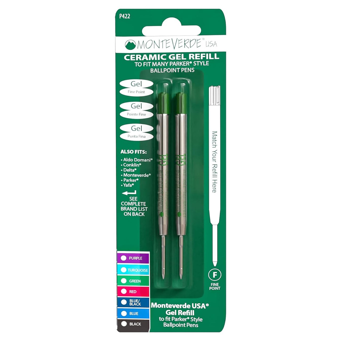 Monteverde Capless Ballpoint Pen Gel Refill (to fit Parker - Green - Pack of 2)