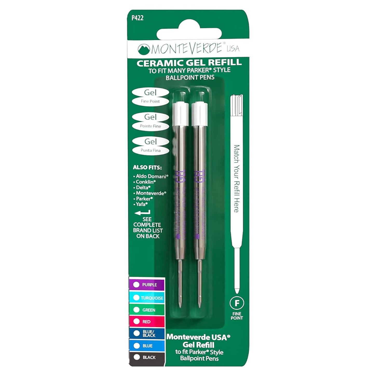 Monteverde Capless Ballpoint Pen Gel Refill (to fit Parker - Purple - Pack of 2)