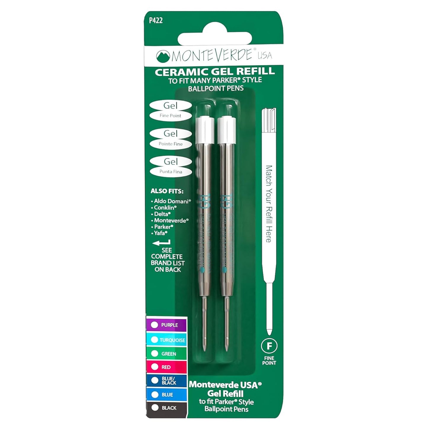 Monteverde Capless Ballpoint Pen Gel Refill (to fit Parker - Turquoise - Pack of 2)