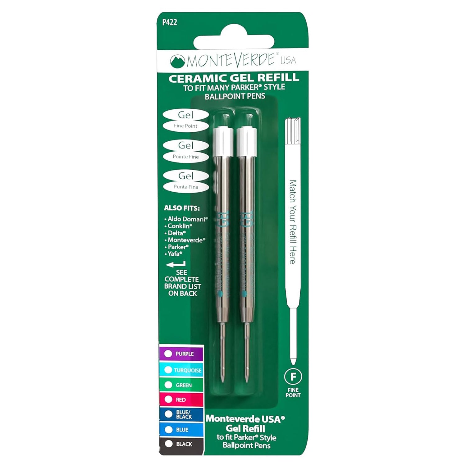 Monteverde Capless Ballpoint Pen Gel Refill (to fit Parker - Turquoise - Pack of 2)