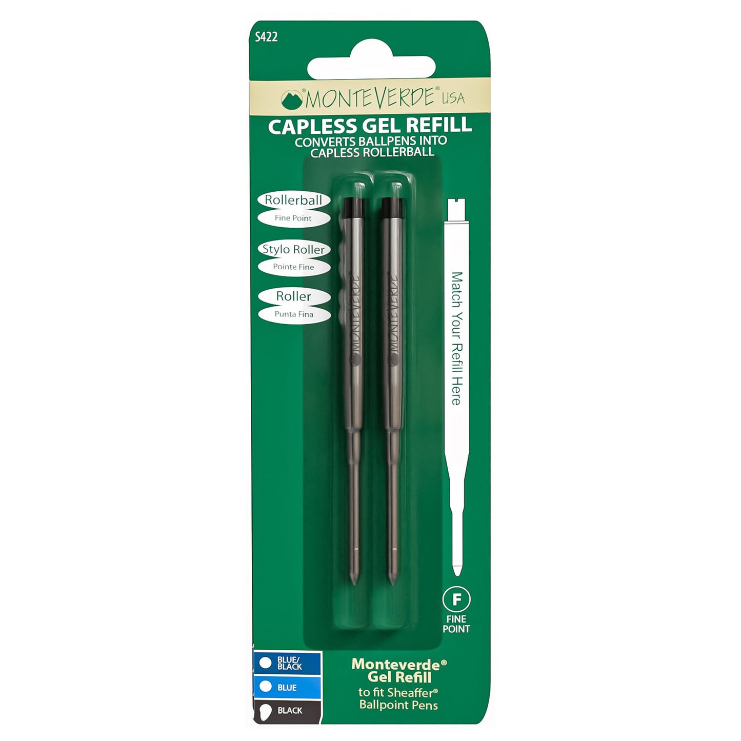 Monteverde Capless Ballpoint Pen Gel Refill (to fit Sheaffer & Sailor - Black - Pack of 2)