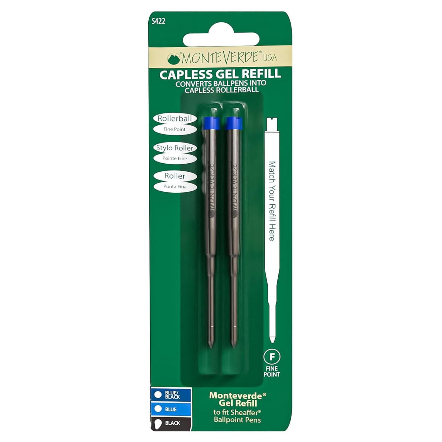 Monteverde Capless Ballpoint Pen Gel Refill (to fit Sheaffer & Sailor - Blue - Pack of 2)