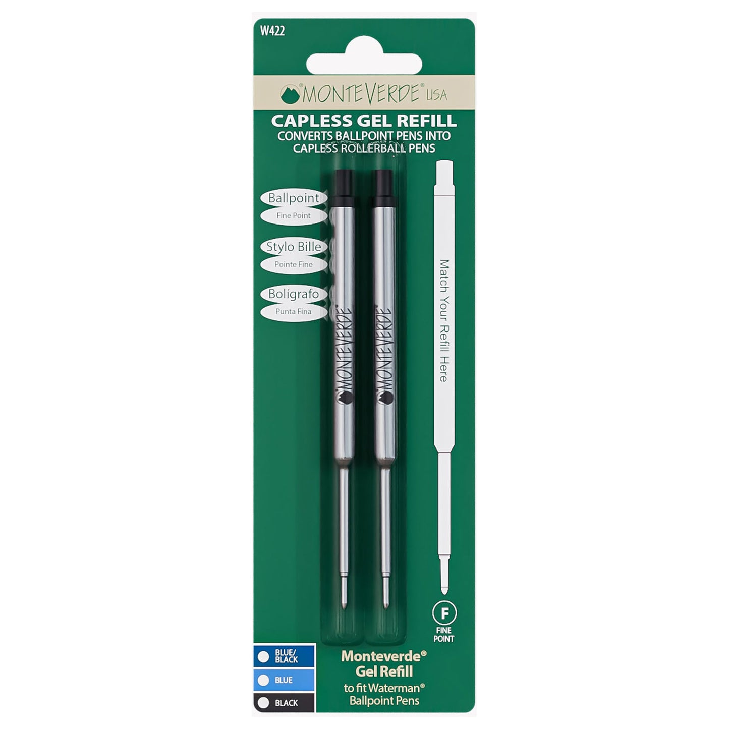 Monteverde Capless Ballpoint Pen Gel Refill (to fit Waterman - Black - Pack of 2)