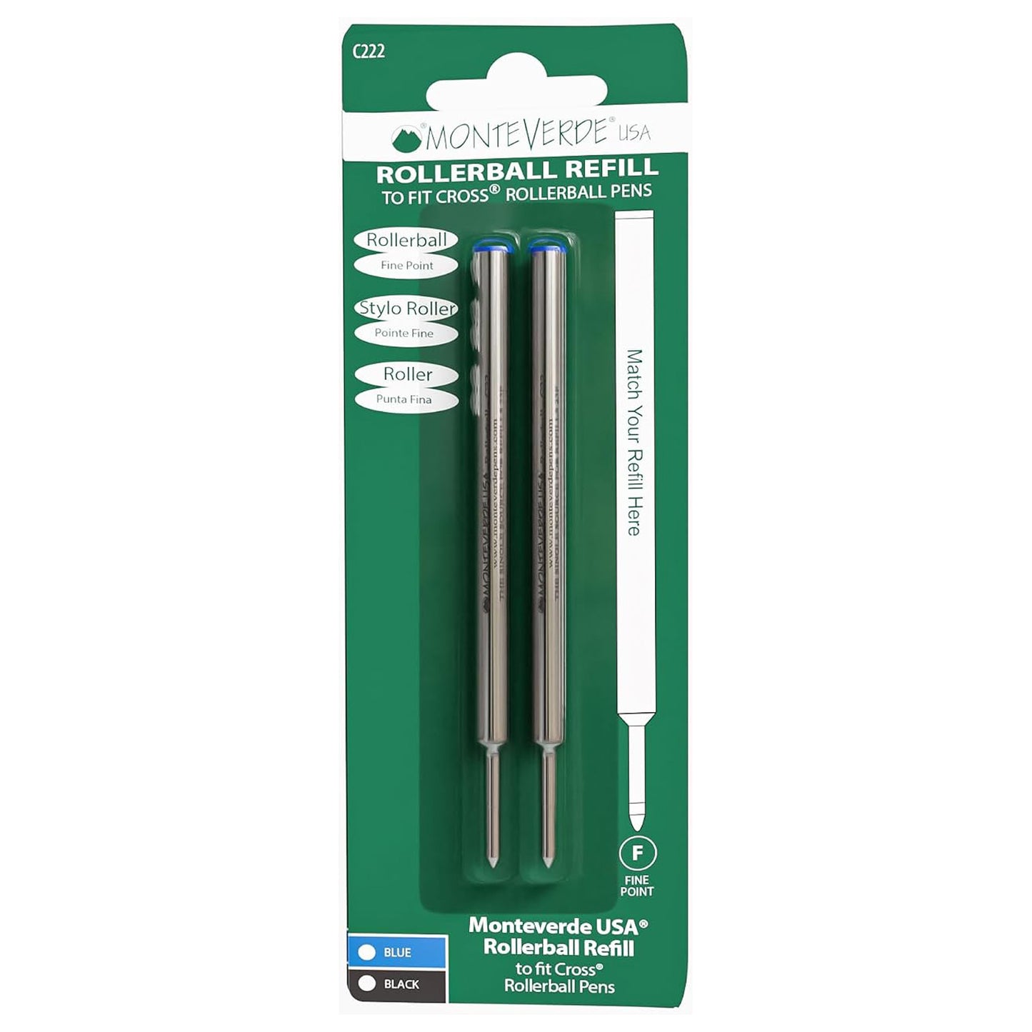 Monteverde Roller Ball Pen Refill (to fit Cross - Blue - Pack of 2)