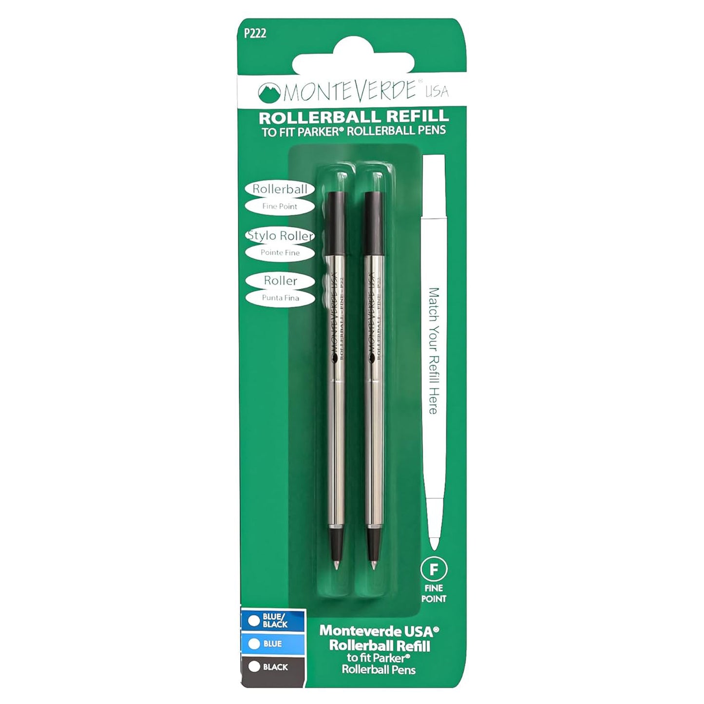 Monteverde Roller Ball Pen Refill (to fit Parker - Black - Pack of 2)