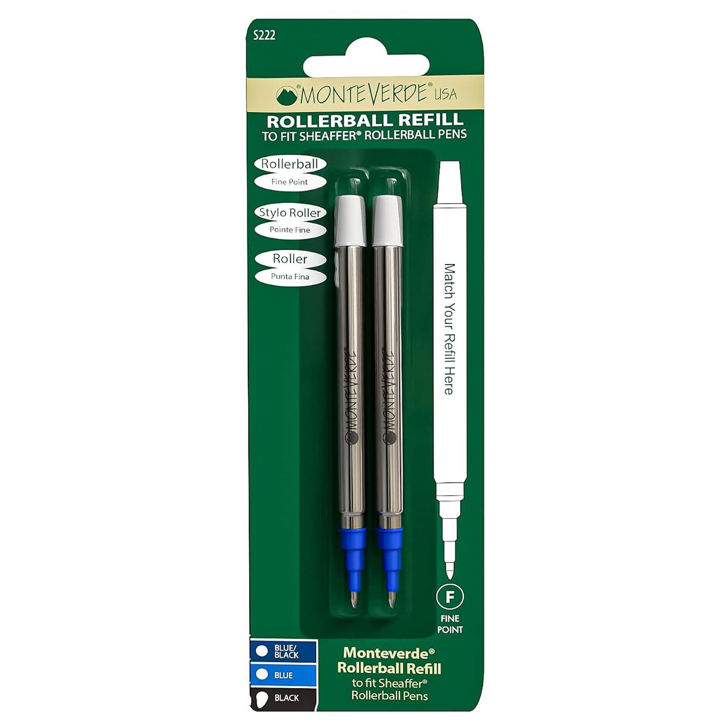 Monteverde Roller Ball Pen Refill (to fit Sheaffer & Sailor - Blue - Pack of 2)