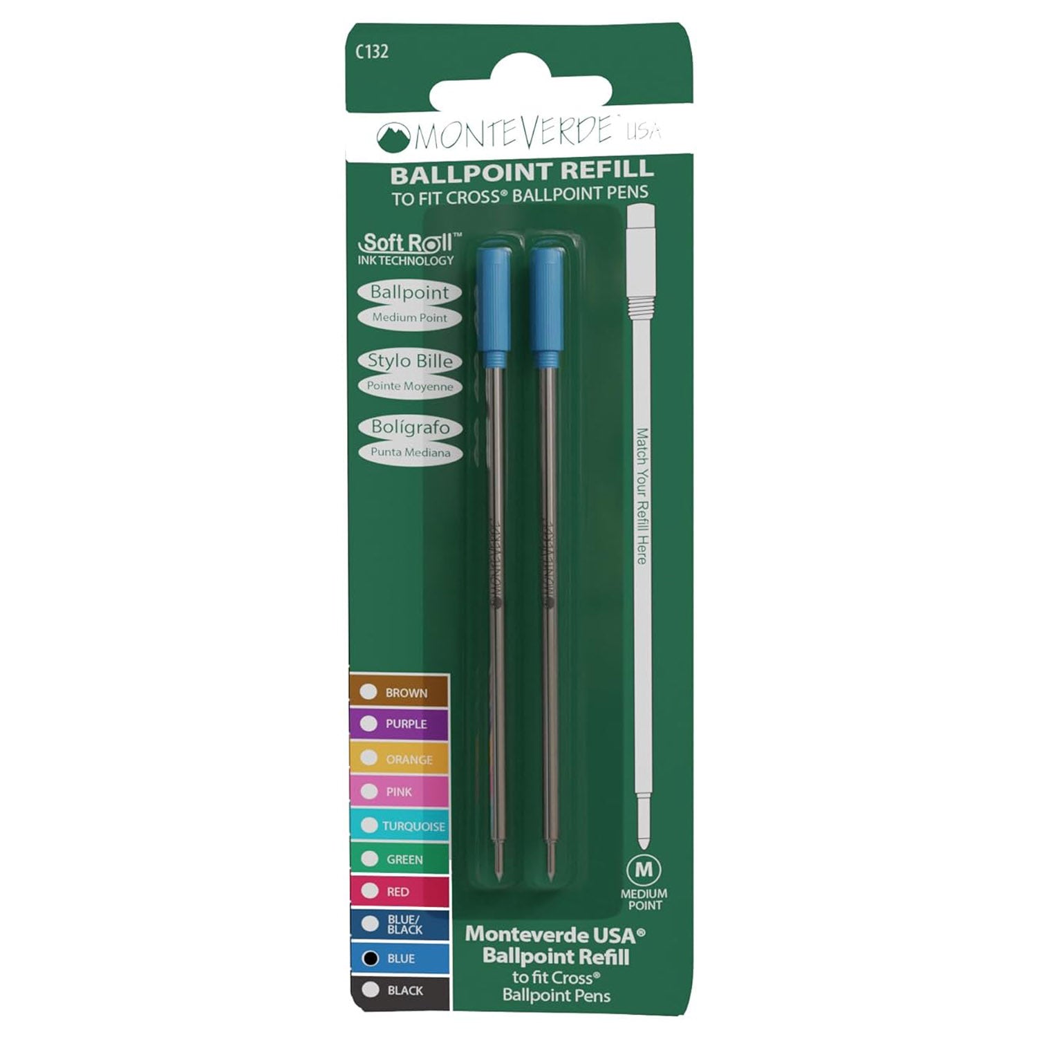 Monteverde Soft Roll Ballpoint Pen Refill (to fit Cross - Bue - Pack of 2)