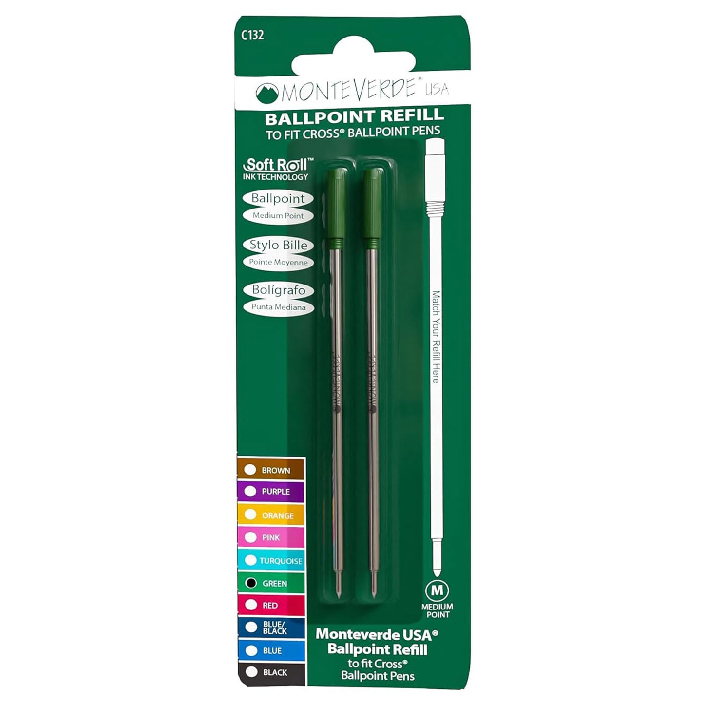 Monteverde Soft Roll Ballpoint Pen Refill (to fit Cross - Green - Pack of 2)