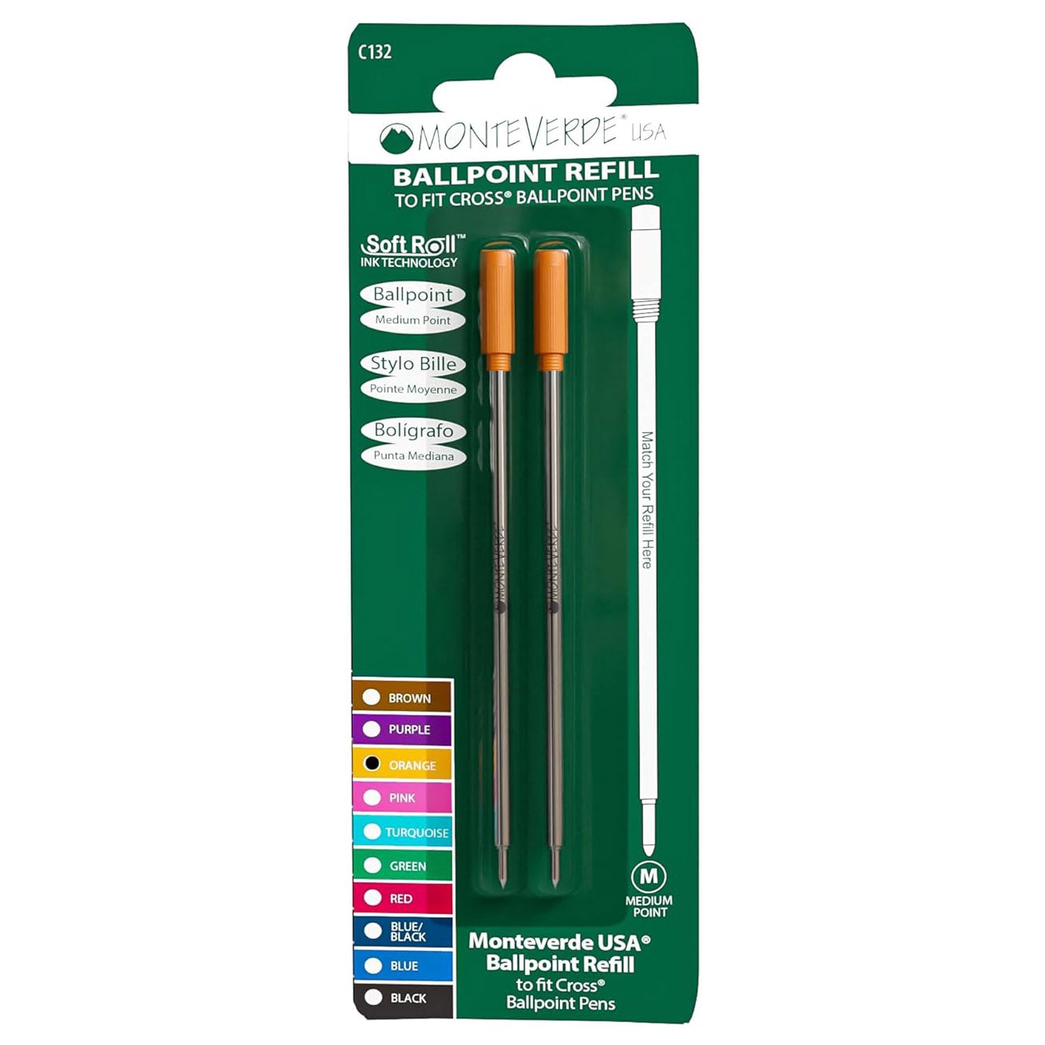 Monteverde Soft Roll Ballpoint Pen Refill (to fit Cross - Orange - Pack of 2)