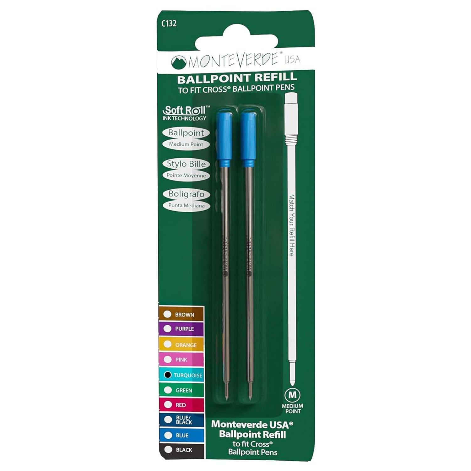 Monteverde Soft Roll Ballpoint Pen Refill (to fit Cross - Turquoise - Pack of 2)