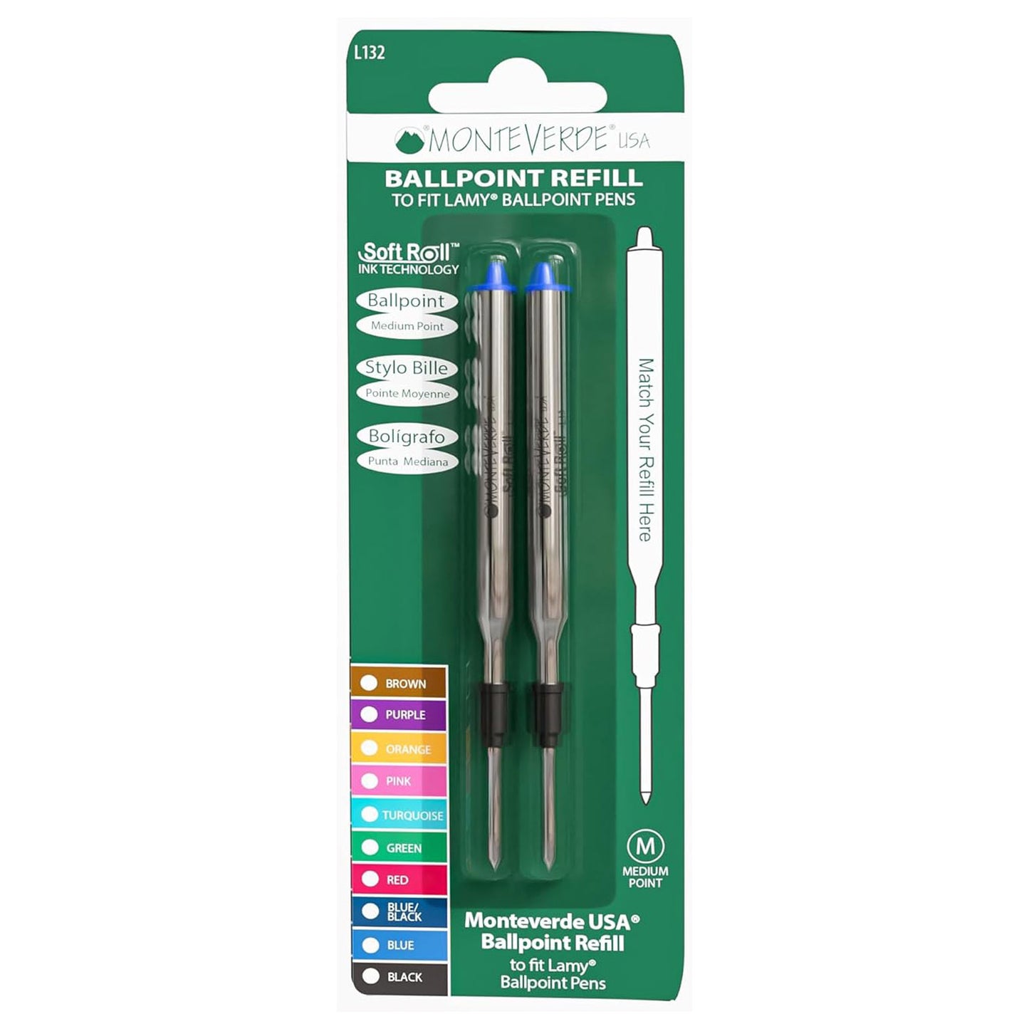 Monteverde Soft Roll Ballpoint Pen Refill (to fit Lamy - Bue - Pack of 2)