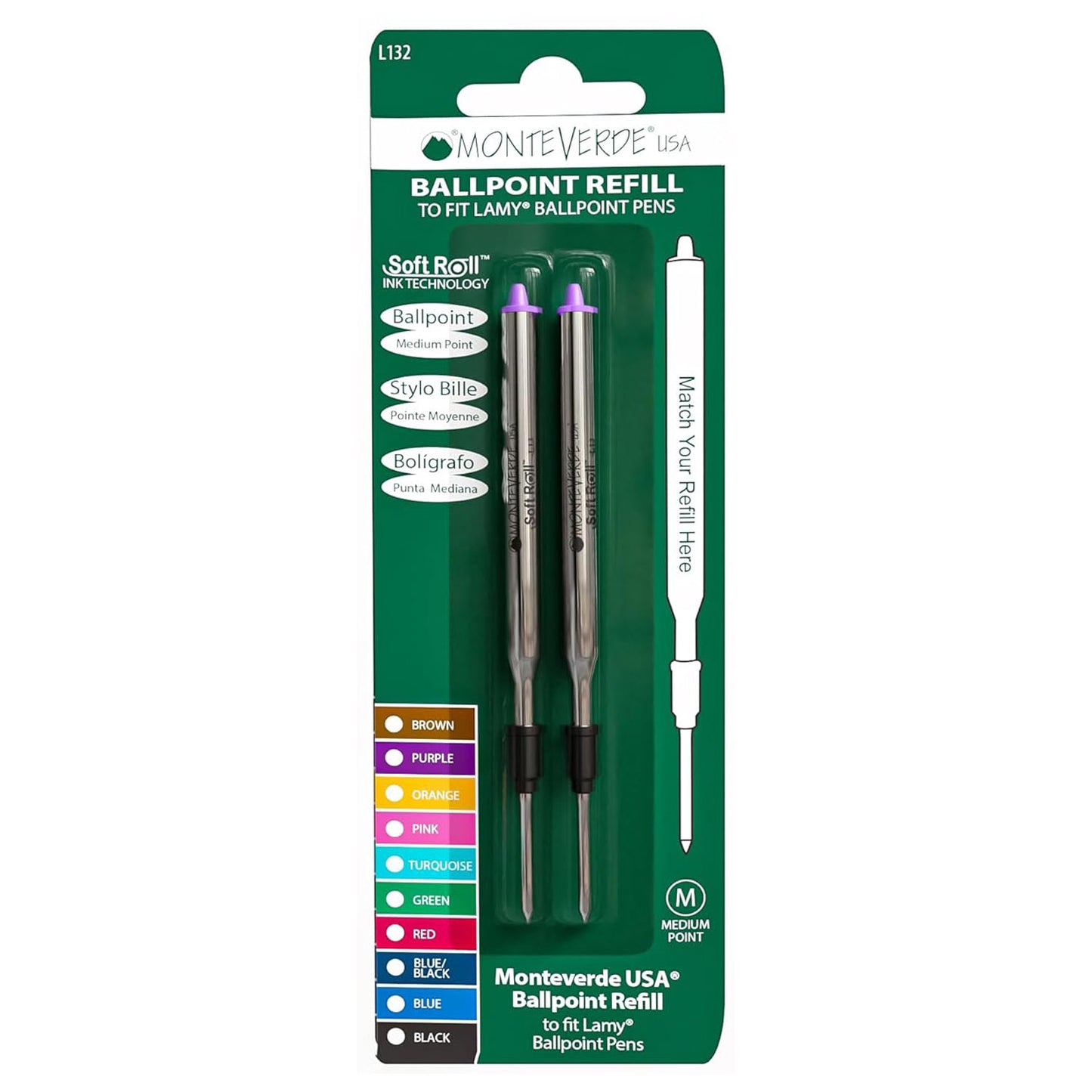 Monteverde Soft Roll Ballpoint Pen Refill (to fit Lamy - Purple - Pack of 2)