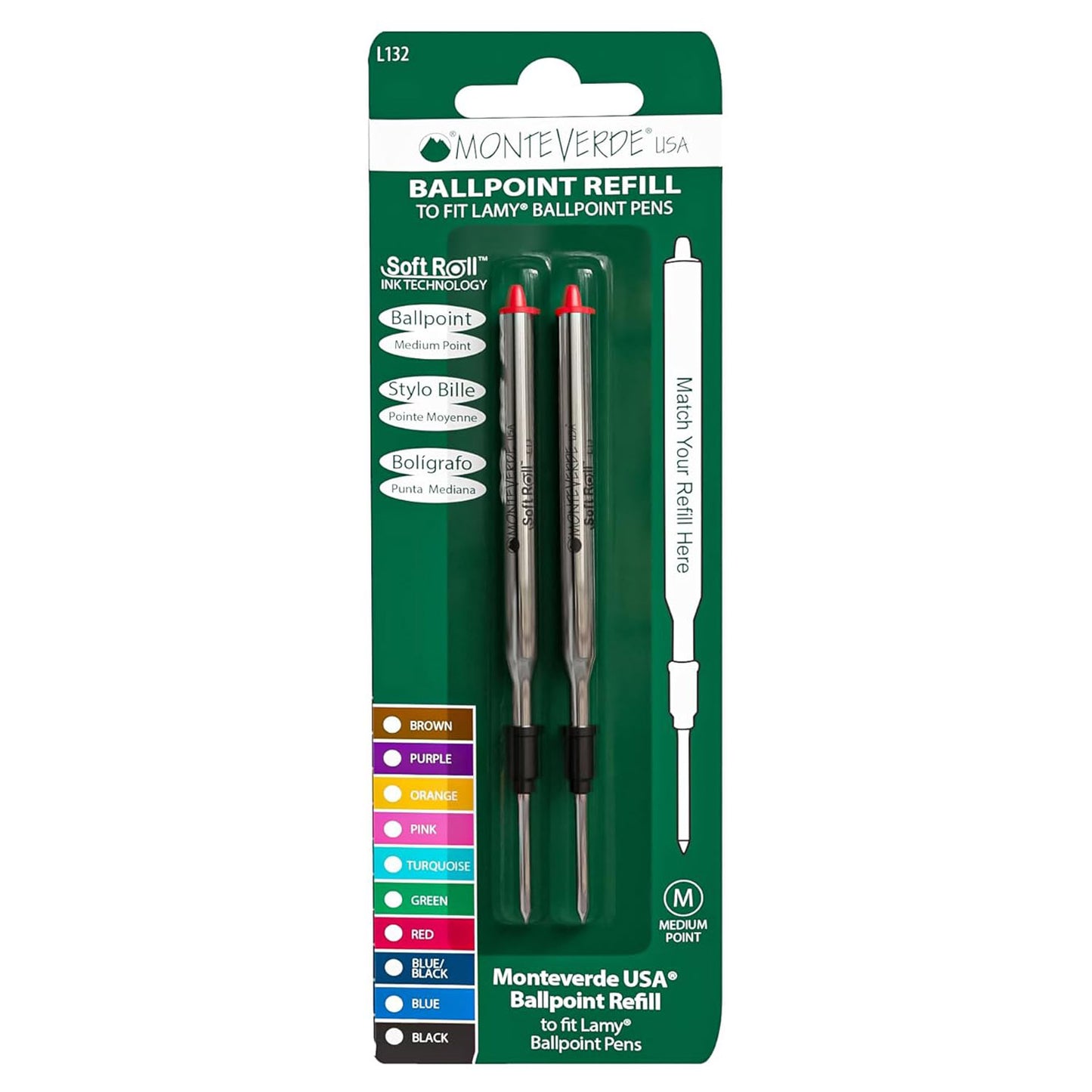 Monteverde Soft Roll Ballpoint Pen Refill (to fit Lamy - Red - Pack of 2)