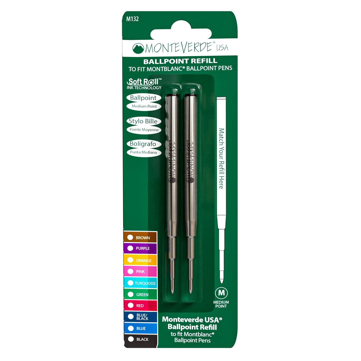 Monteverde Soft Roll Ballpoint Pen Refill (to fit Montblanc - Black - Pack of 2)